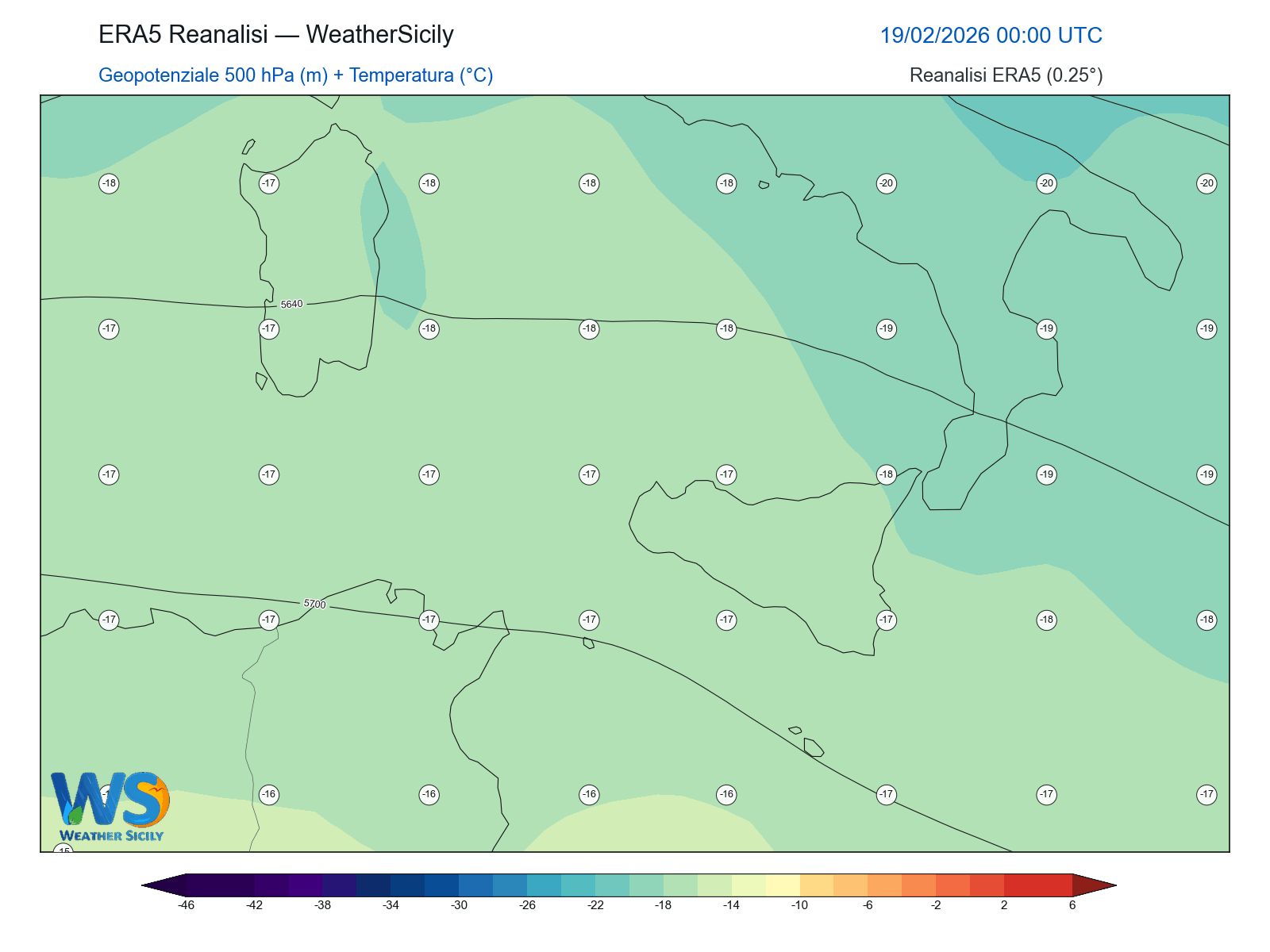 Geopotenziale 500 hPa + Temperatura · 2026021900