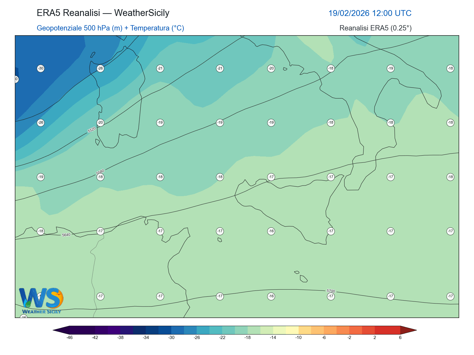 Geopotenziale 500 hPa + Temperatura · 2026021912