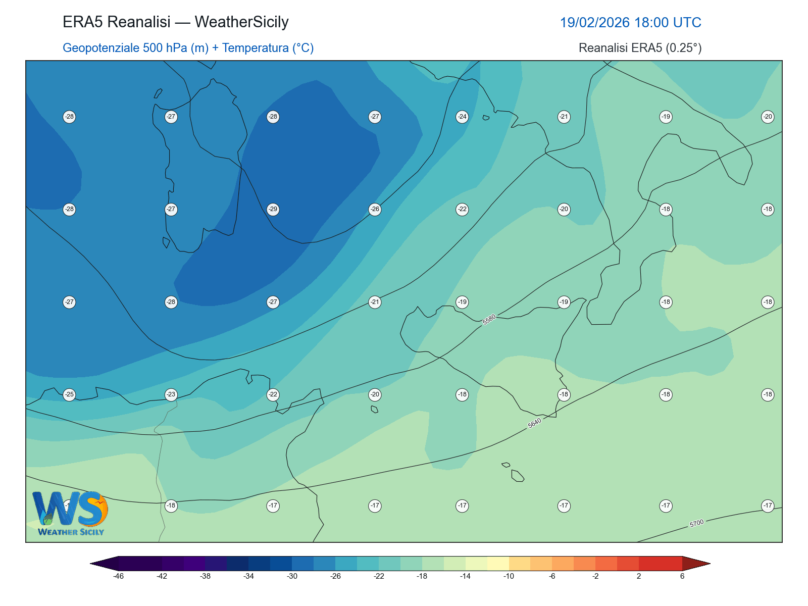Geopotenziale 500 hPa + Temperatura · 2026021918