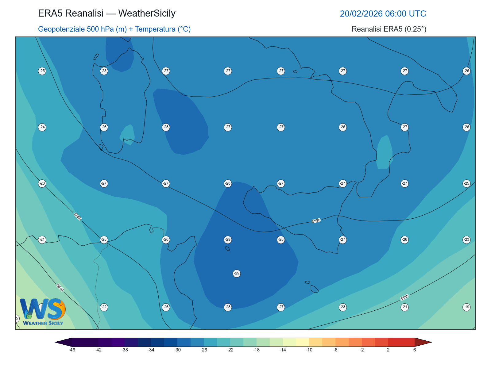 Geopotenziale 500 hPa + Temperatura · 2026022006