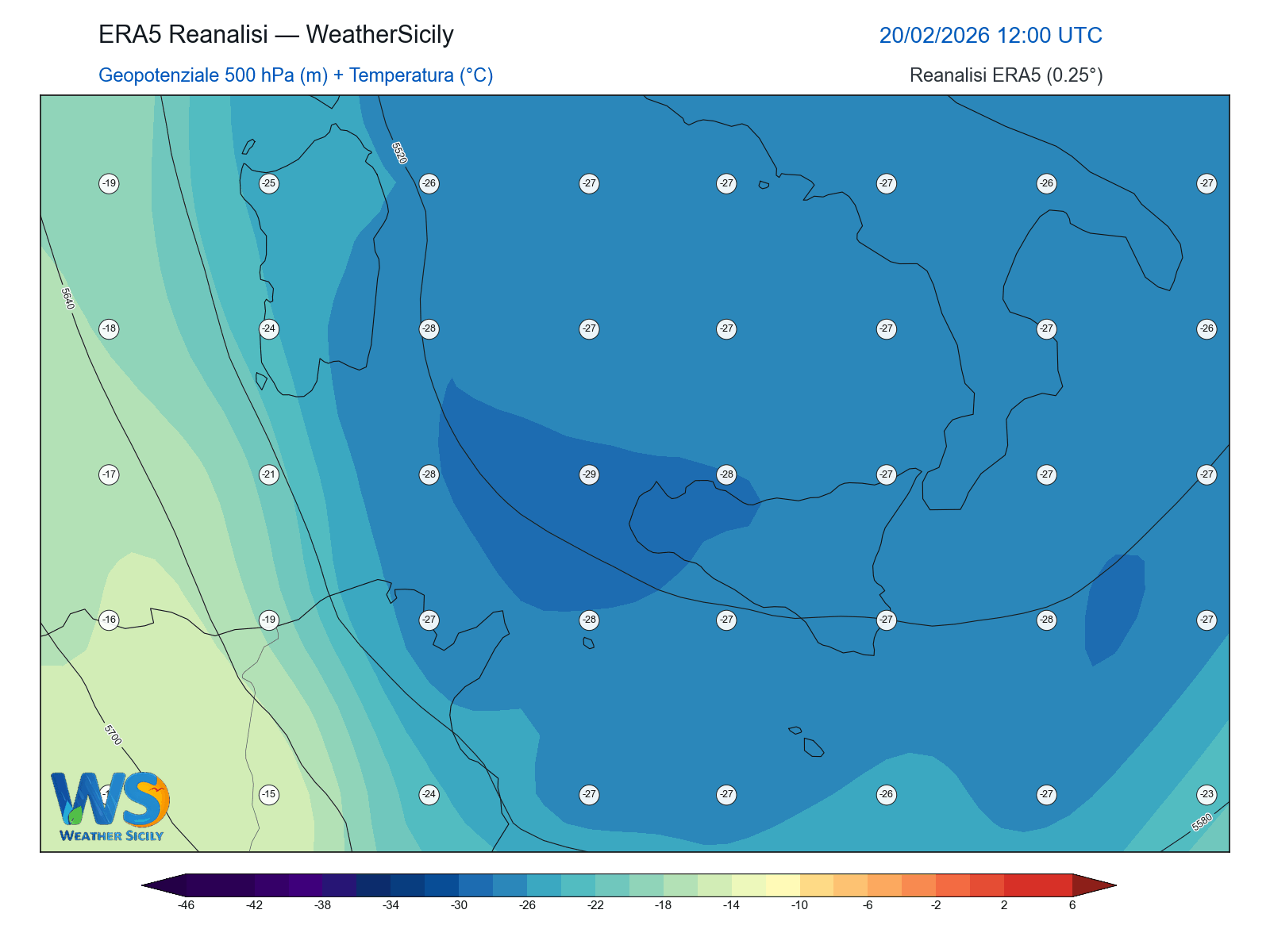 Geopotenziale 500 hPa + Temperatura · 2026022012