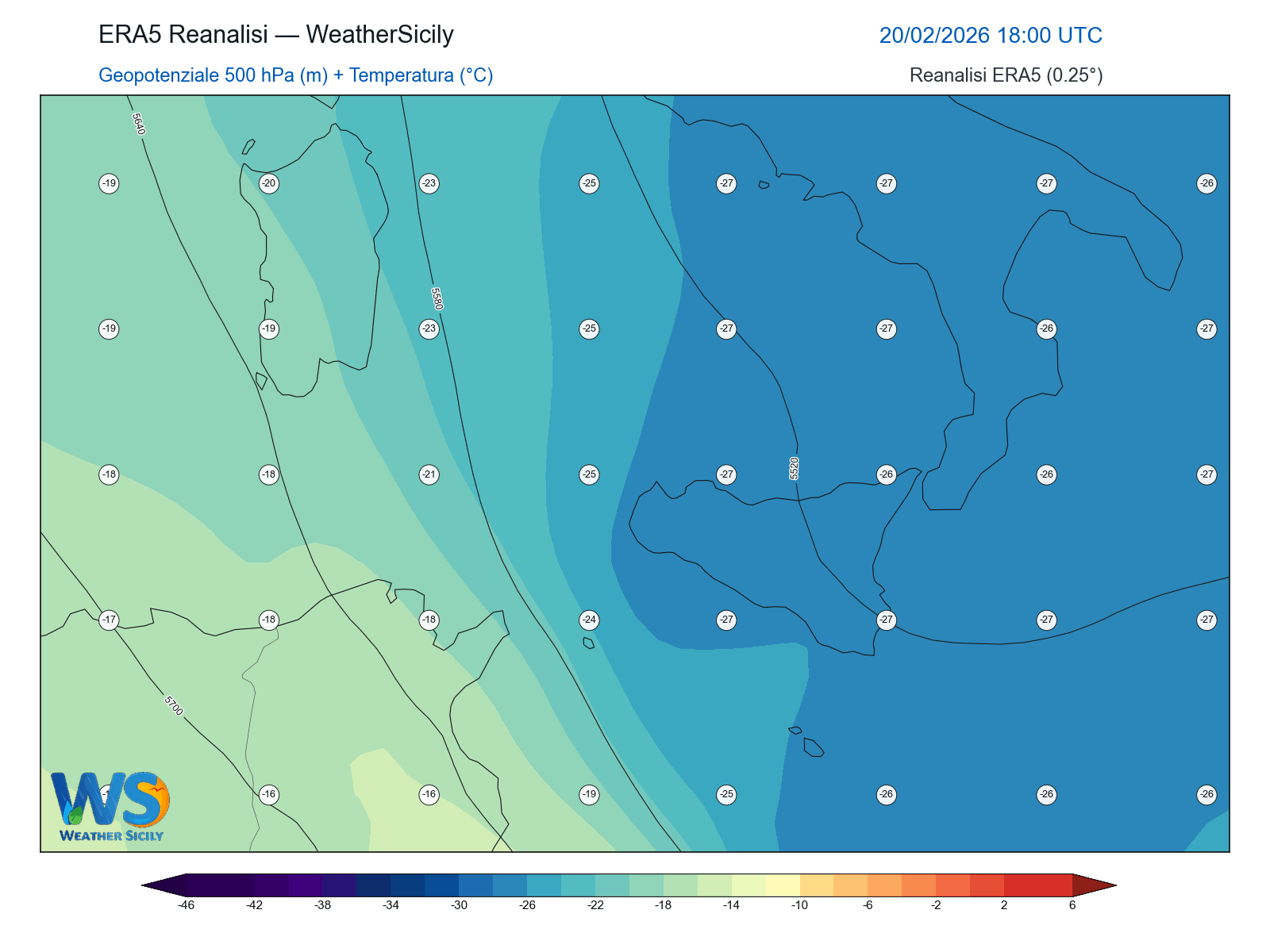 Geopotenziale 500 hPa + Temperatura · 2026022018