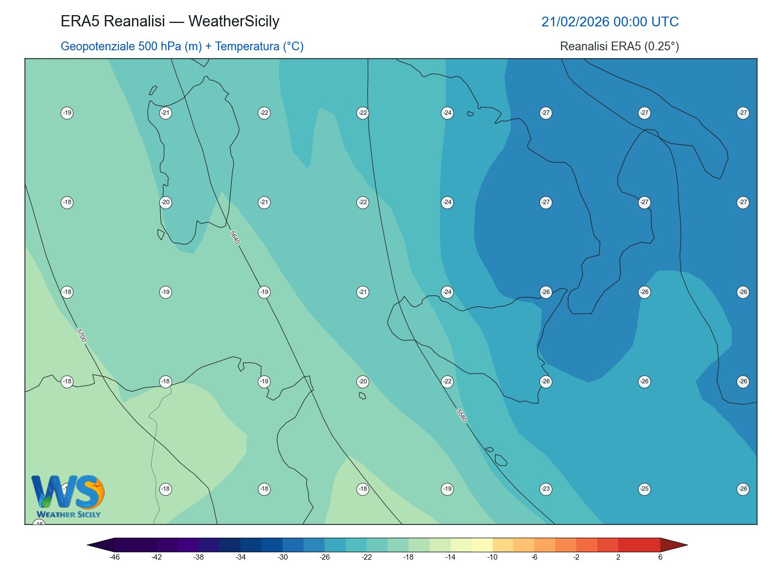 Geopotenziale 500 hPa + Temperatura · 2026022100