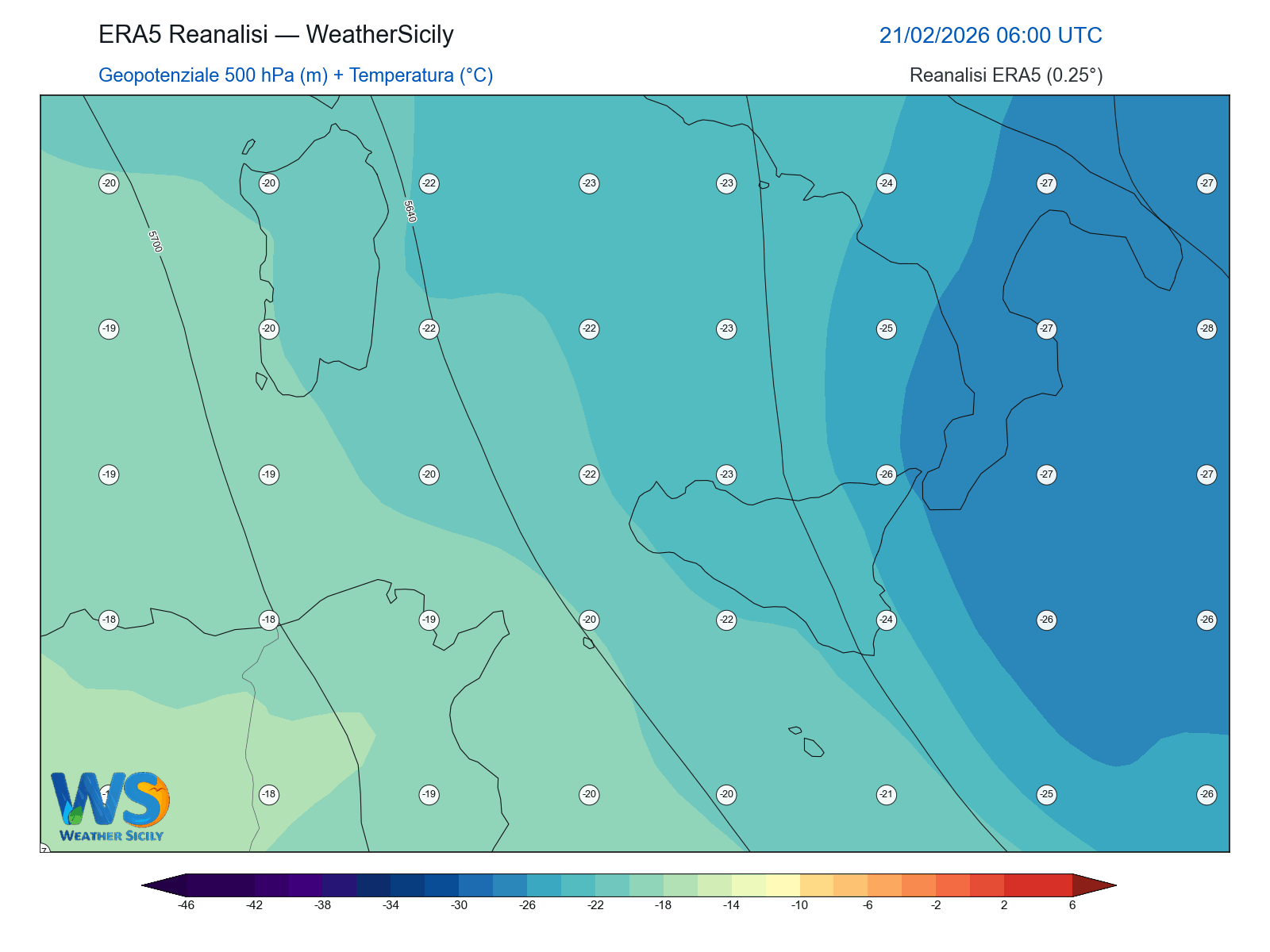 Geopotenziale 500 hPa + Temperatura · 2026022106
