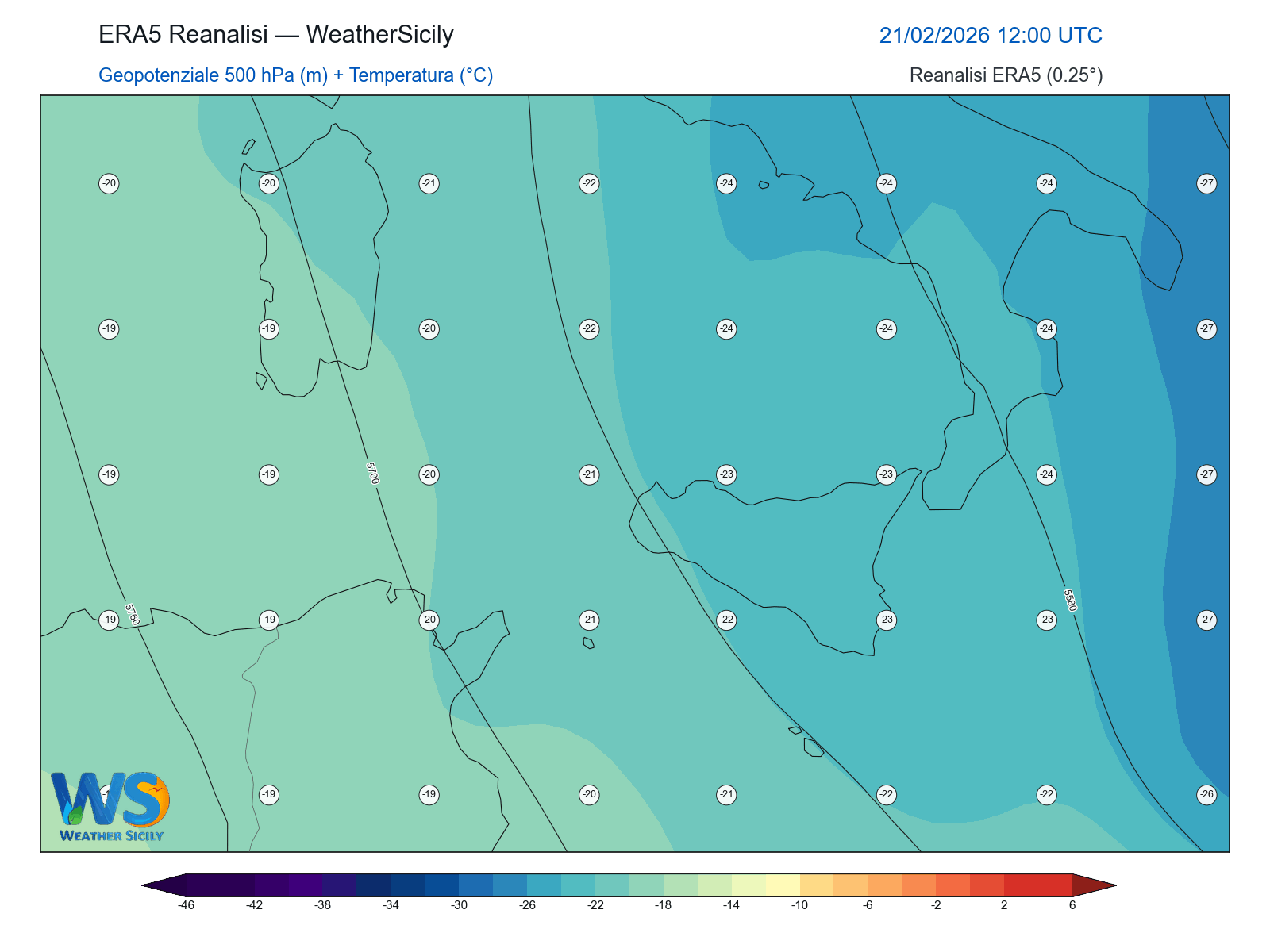 Geopotenziale 500 hPa + Temperatura · 2026022112