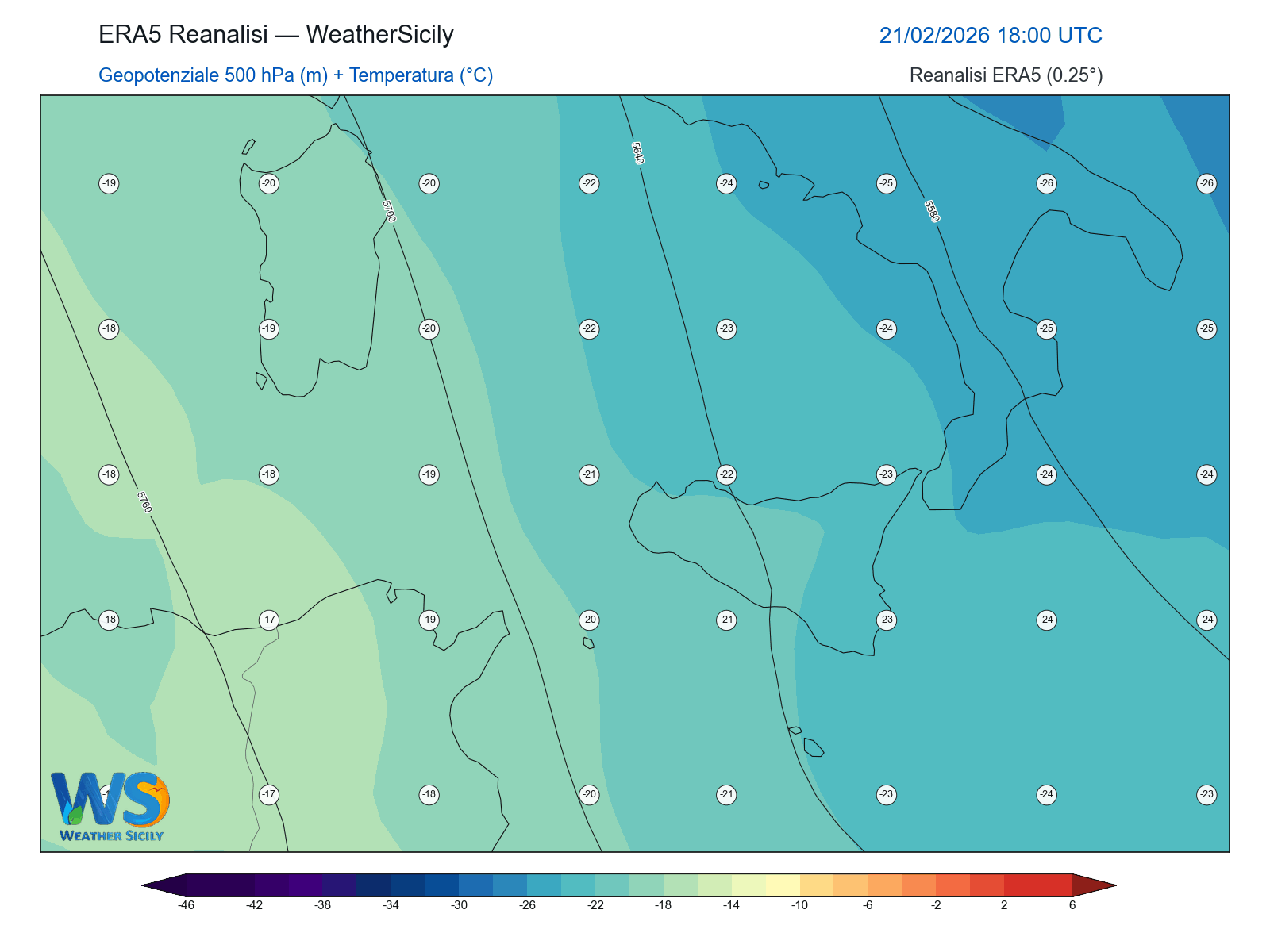 Geopotenziale 500 hPa + Temperatura · 2026022118