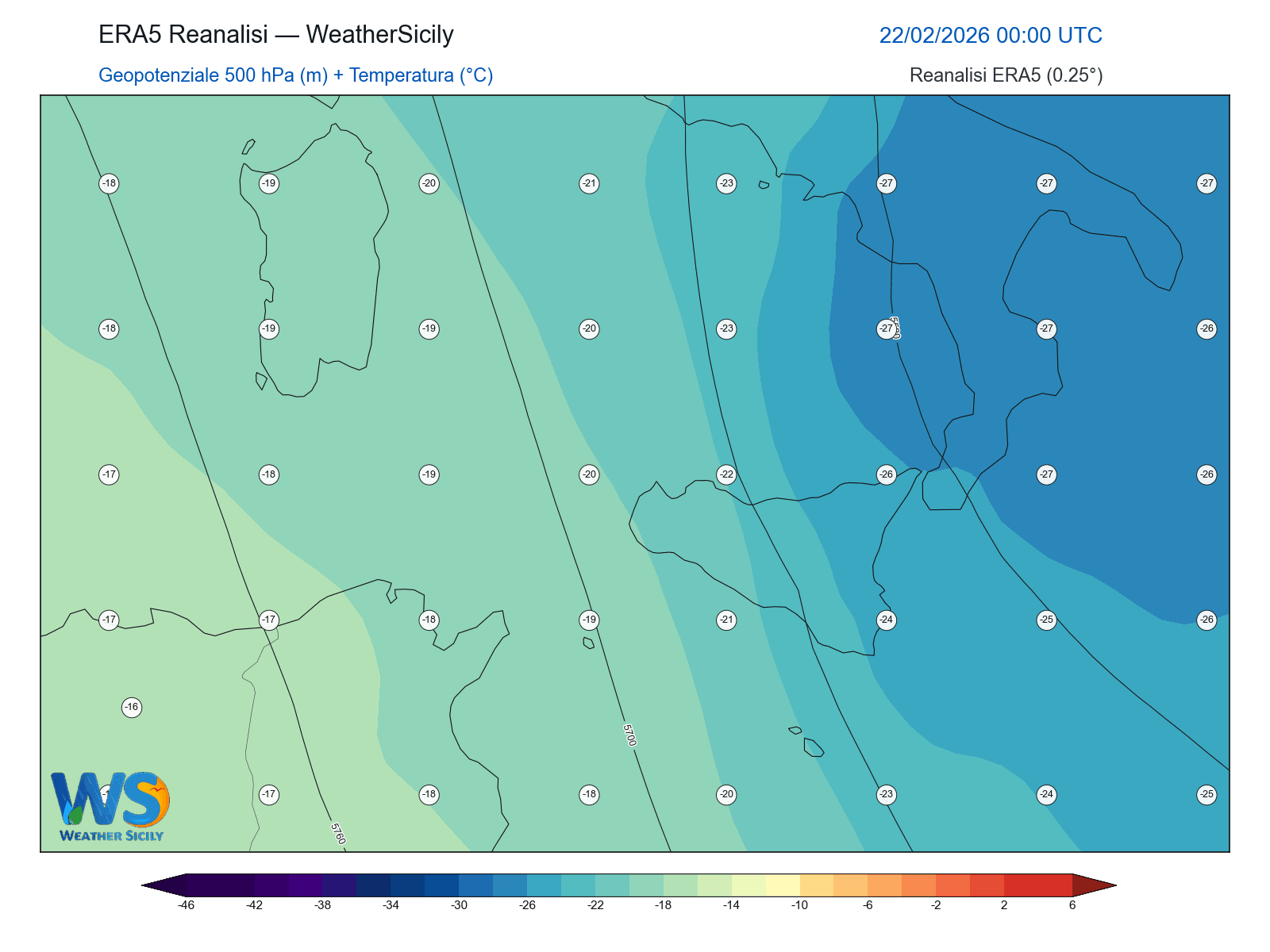 Geopotenziale 500 hPa + Temperatura · 2026022200