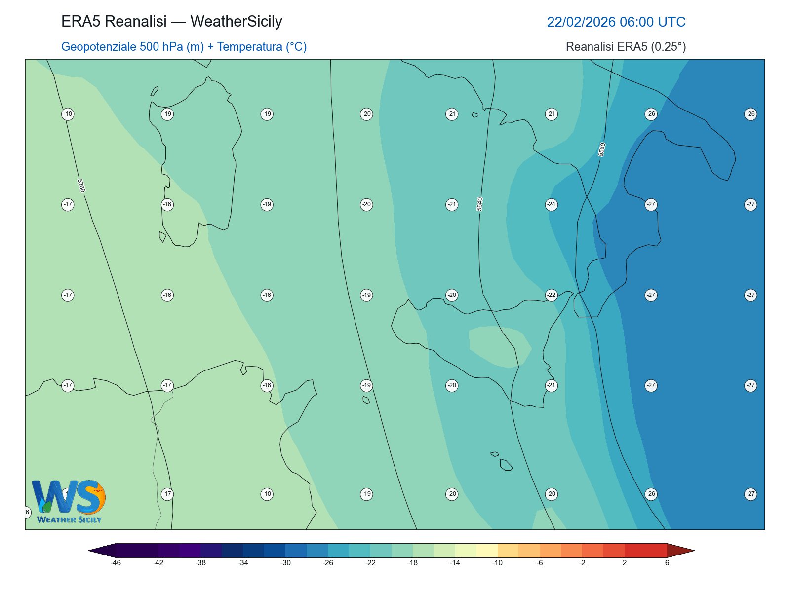 Geopotenziale 500 hPa + Temperatura · 2026022206
