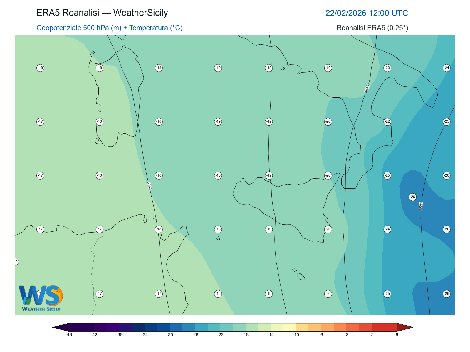 Geopotenziale 500 hPa + Temperatura · 2026022212