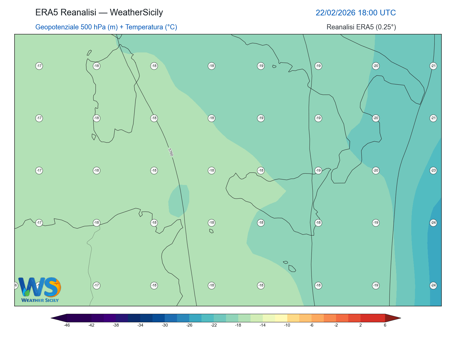 Geopotenziale 500 hPa + Temperatura · 2026022218