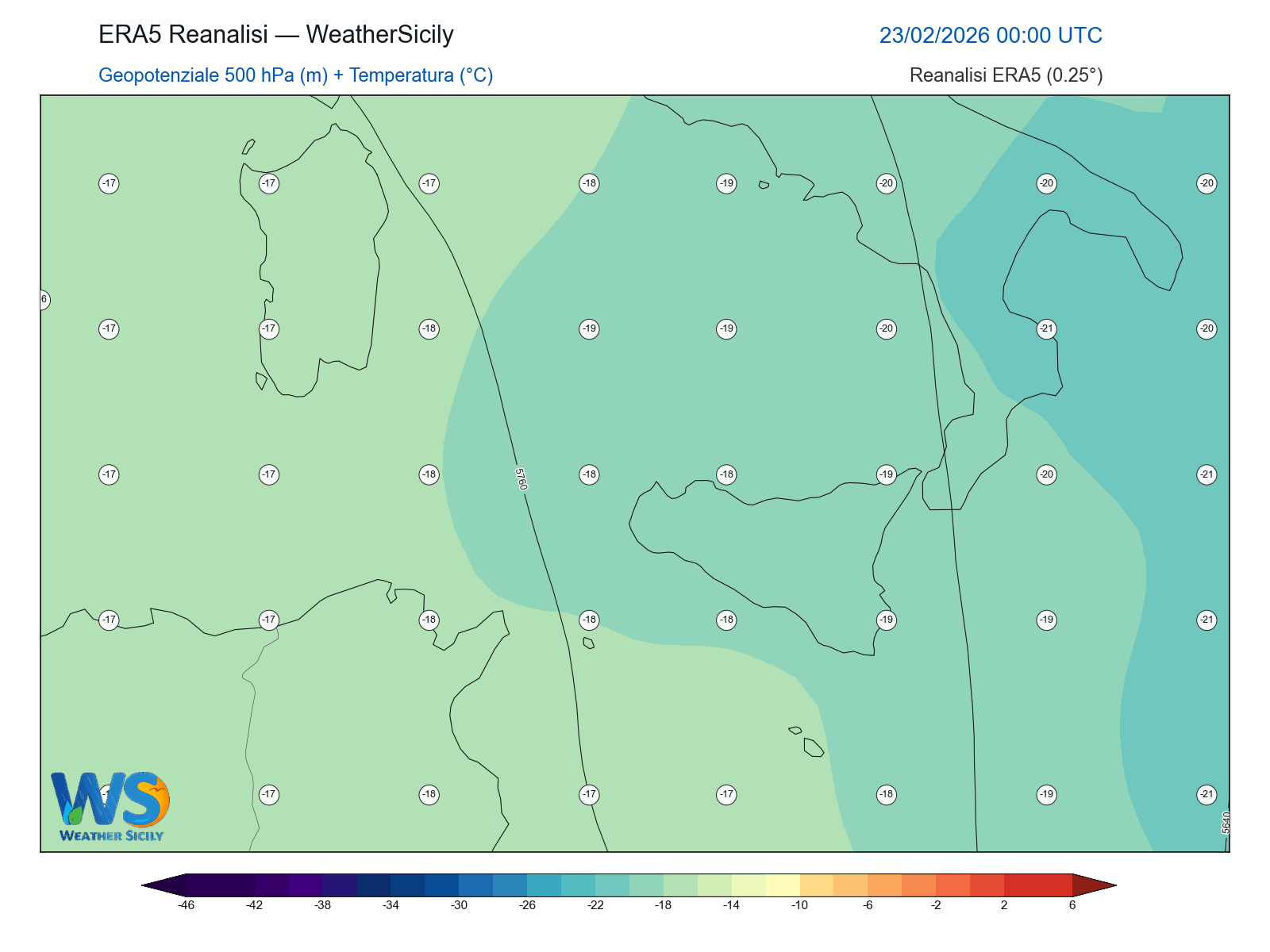 Geopotenziale 500 hPa + Temperatura · 2026022300