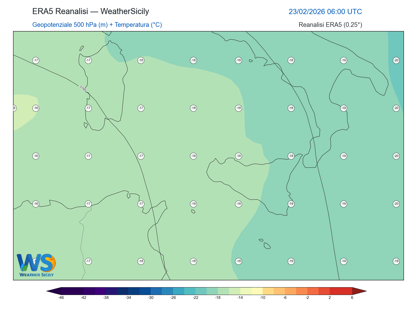 Geopotenziale 500 hPa + Temperatura · 2026022306