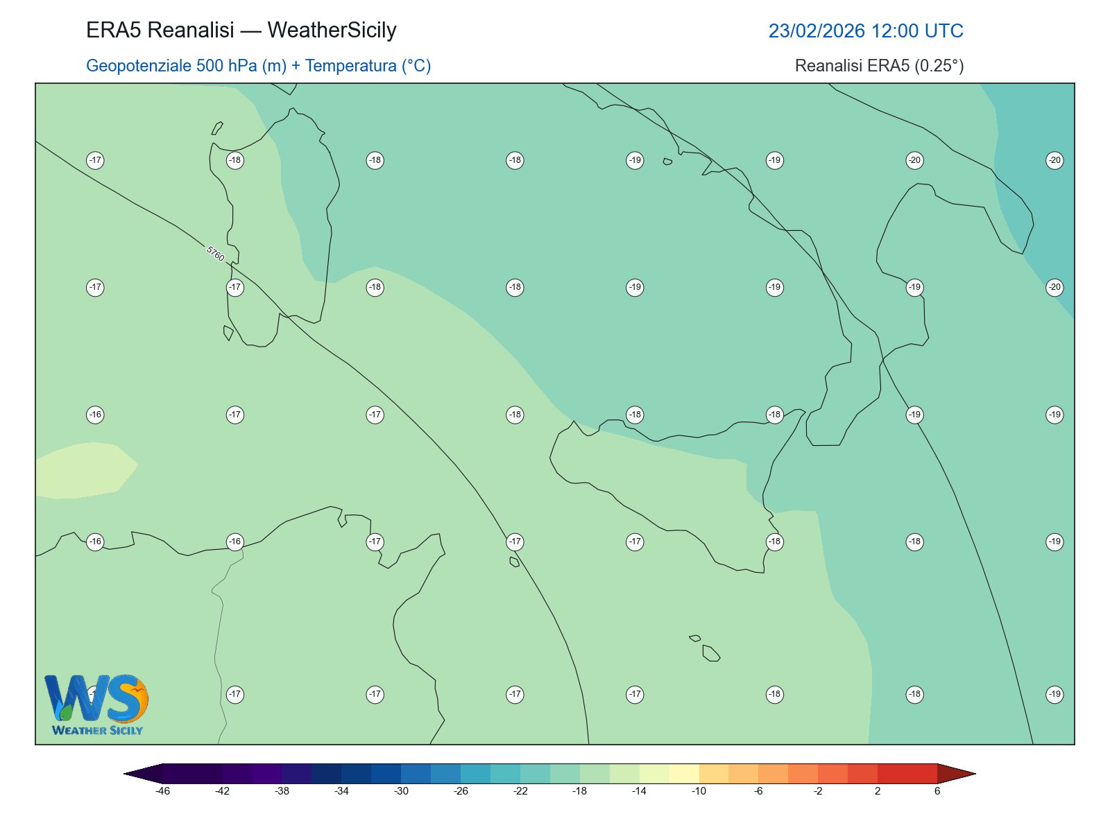 Geopotenziale 500 hPa + Temperatura · 2026022312
