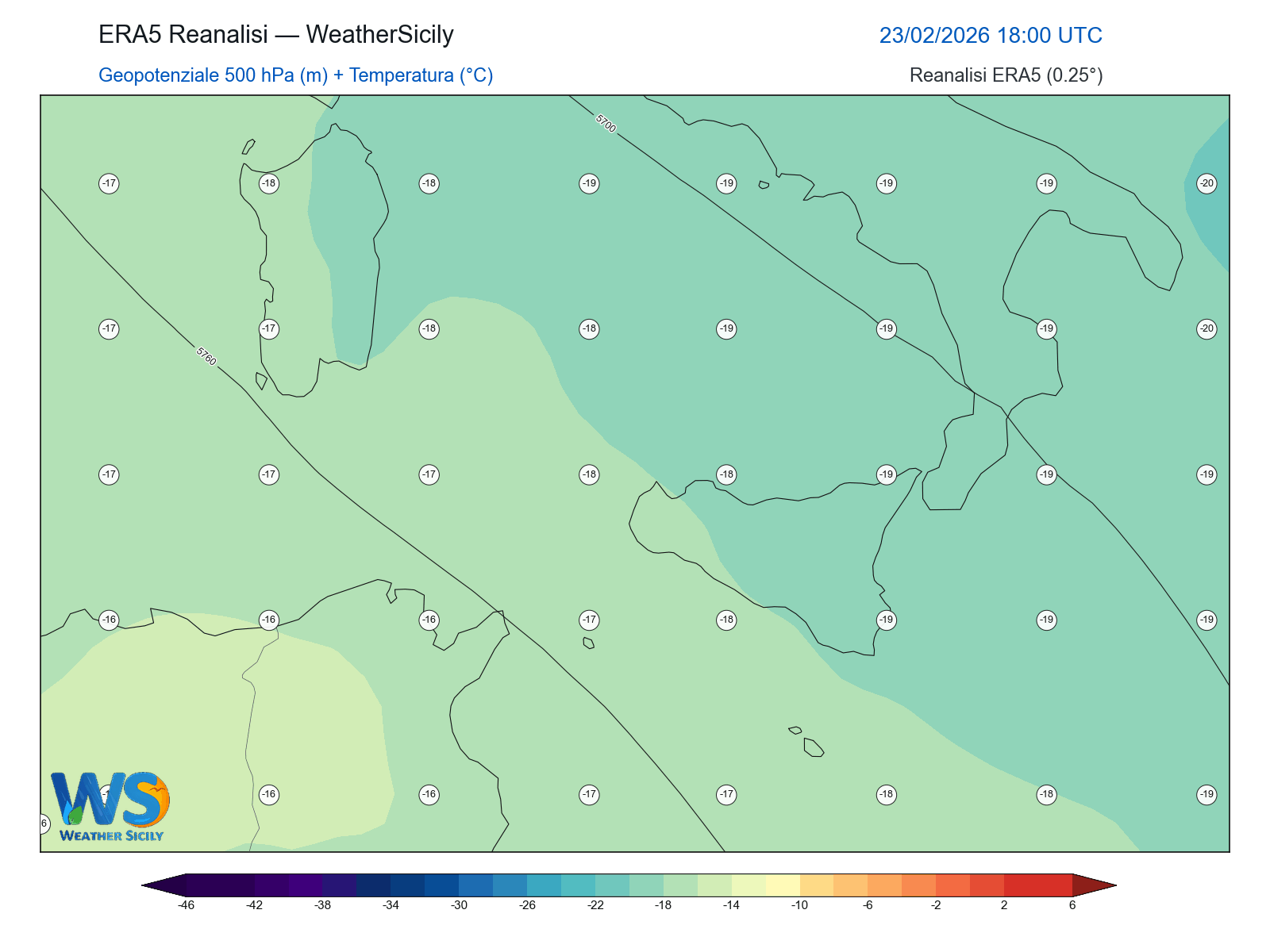 Geopotenziale 500 hPa + Temperatura · 2026022318