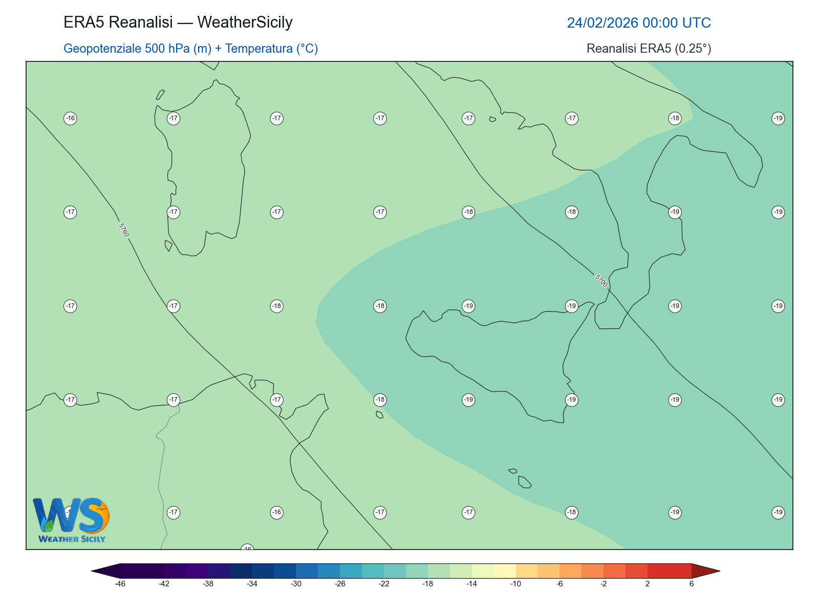 Geopotenziale 500 hPa + Temperatura · 2026022400