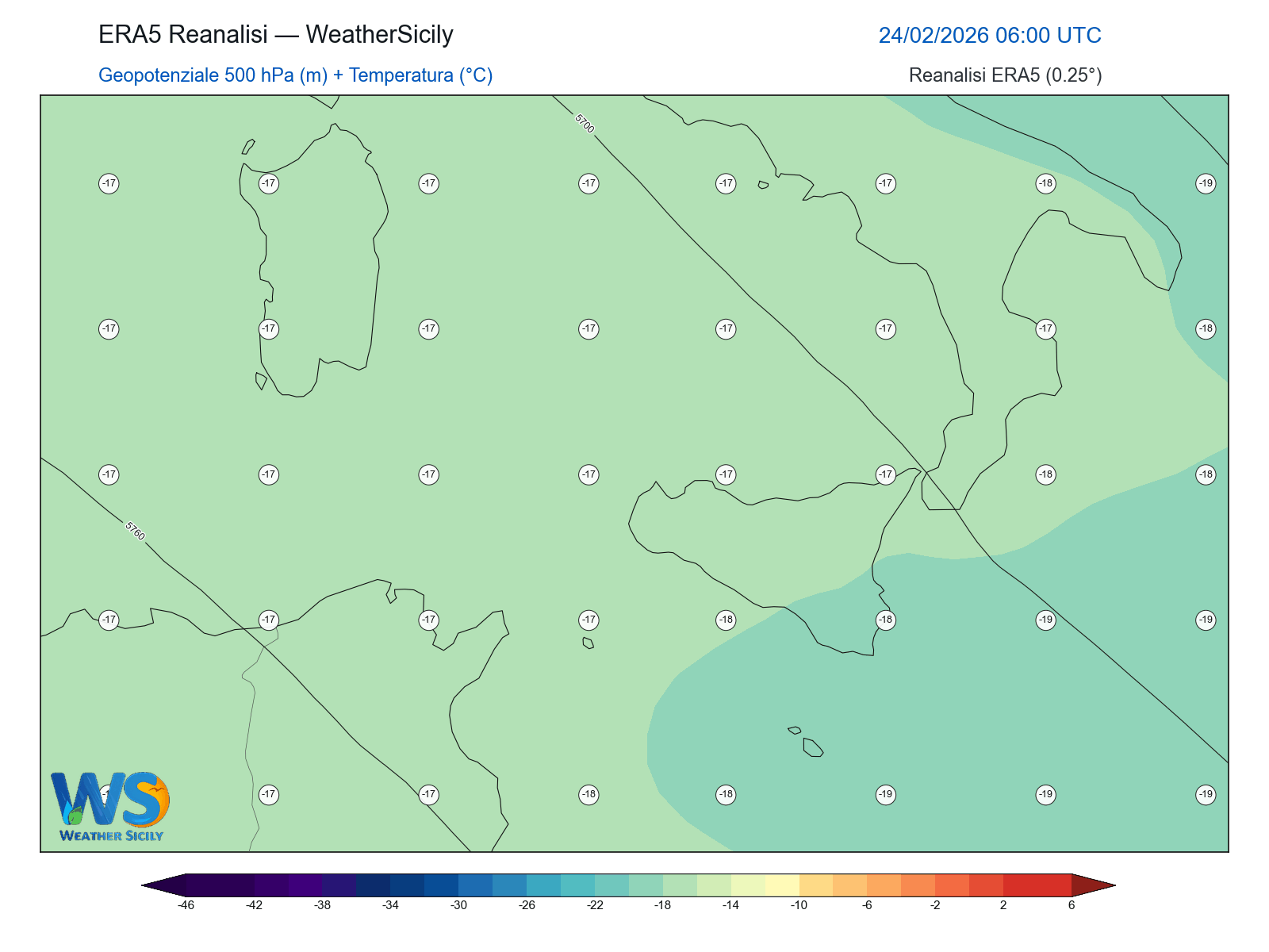 Geopotenziale 500 hPa + Temperatura · 2026022406