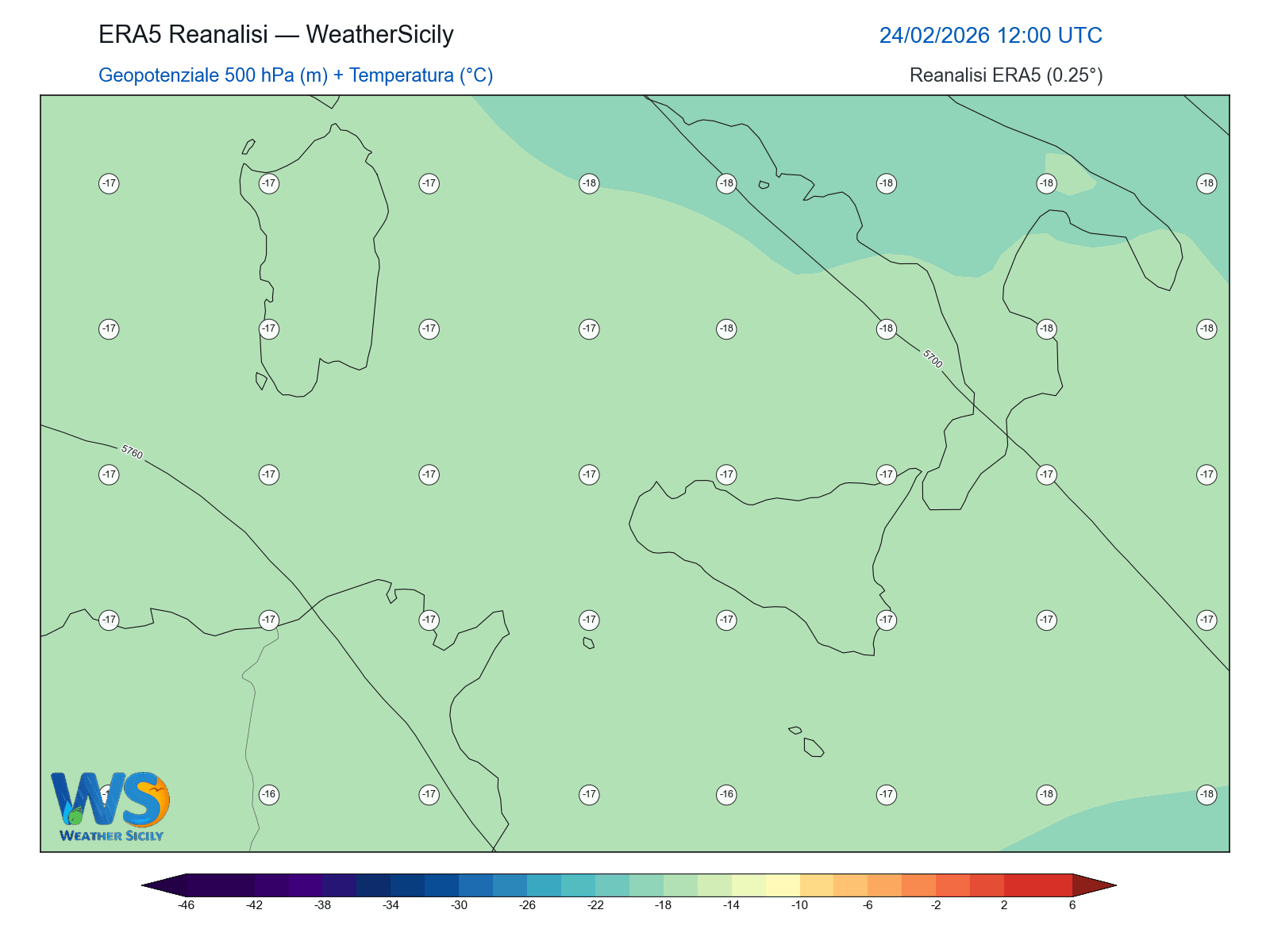 Geopotenziale 500 hPa + Temperatura · 2026022412