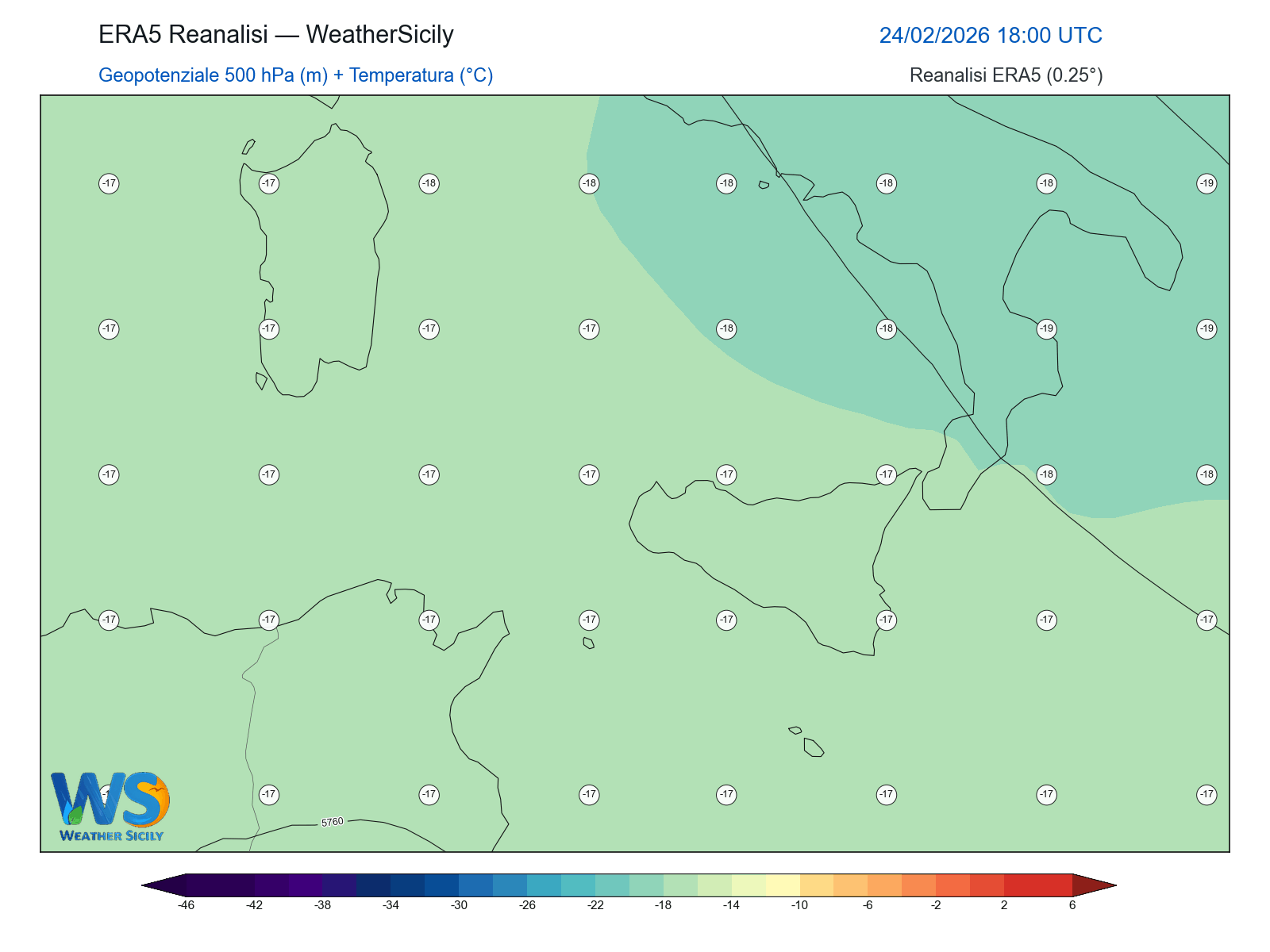 Geopotenziale 500 hPa + Temperatura · 2026022418