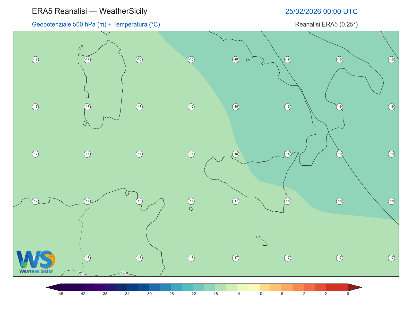Geopotenziale 500 hPa + Temperatura · 2026022500