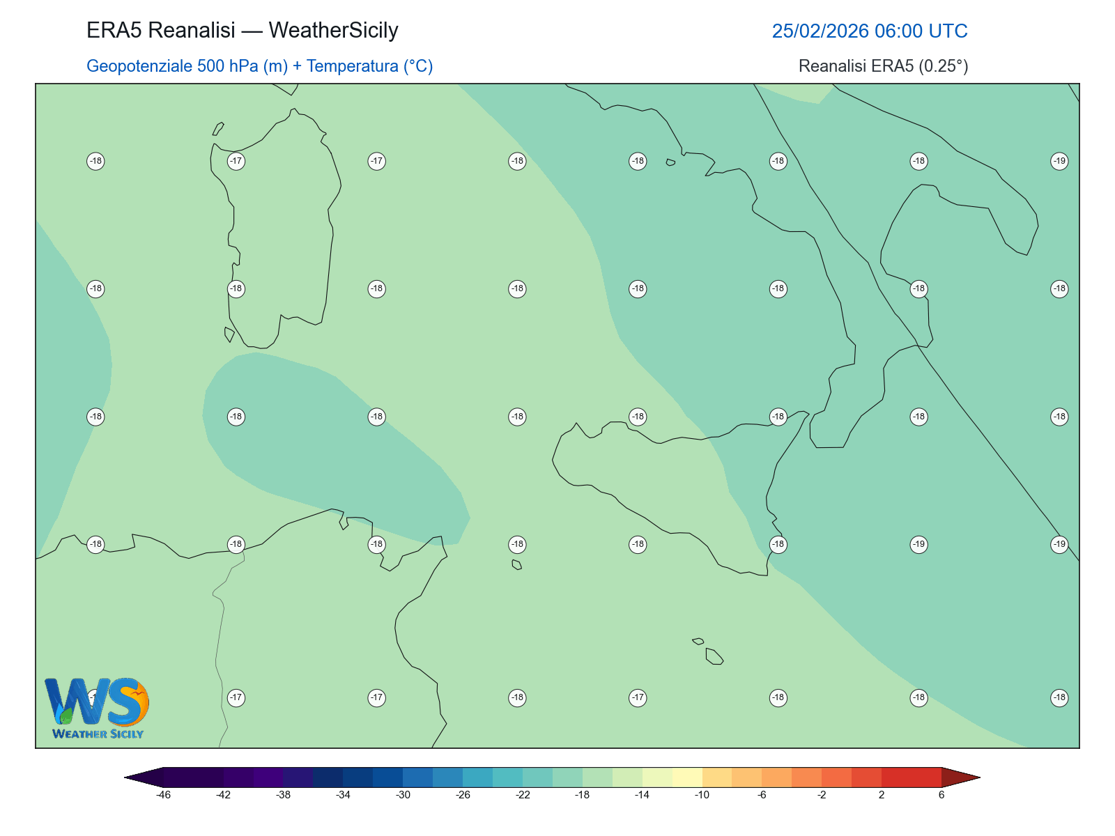 Geopotenziale 500 hPa + Temperatura · 2026022506