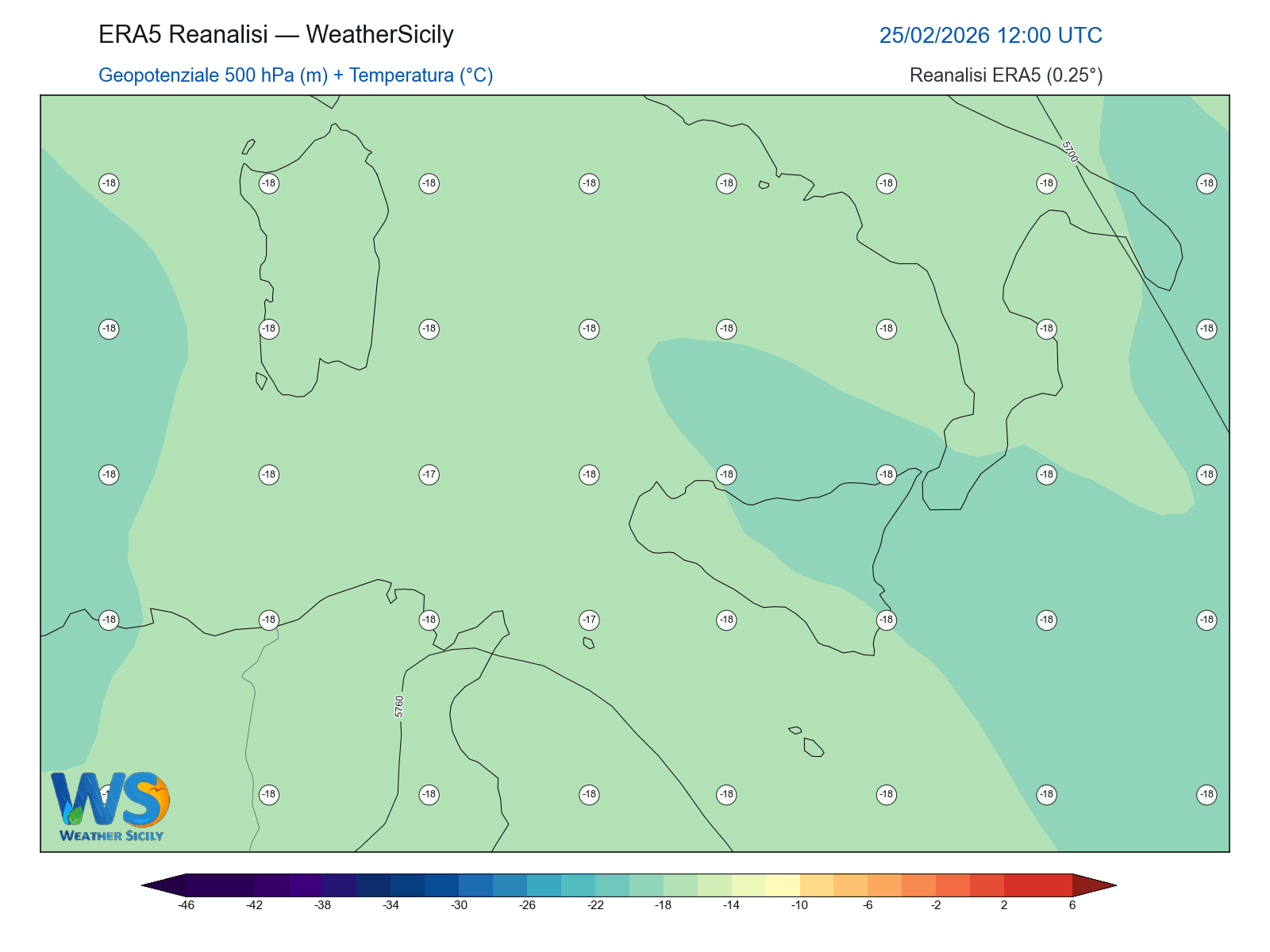Geopotenziale 500 hPa + Temperatura · 2026022512