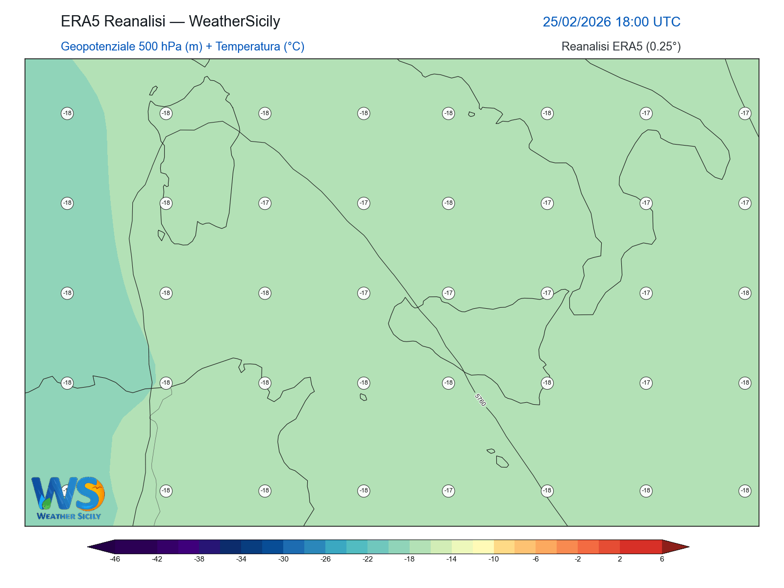 Geopotenziale 500 hPa + Temperatura · 2026022518