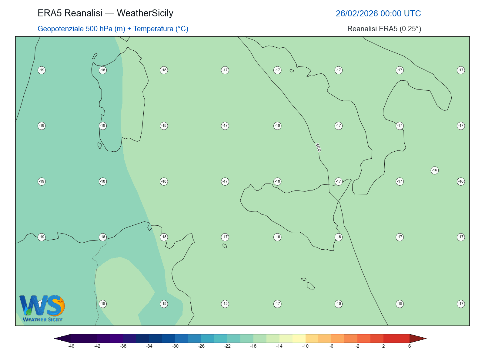 Geopotenziale 500 hPa + Temperatura · 2026022600