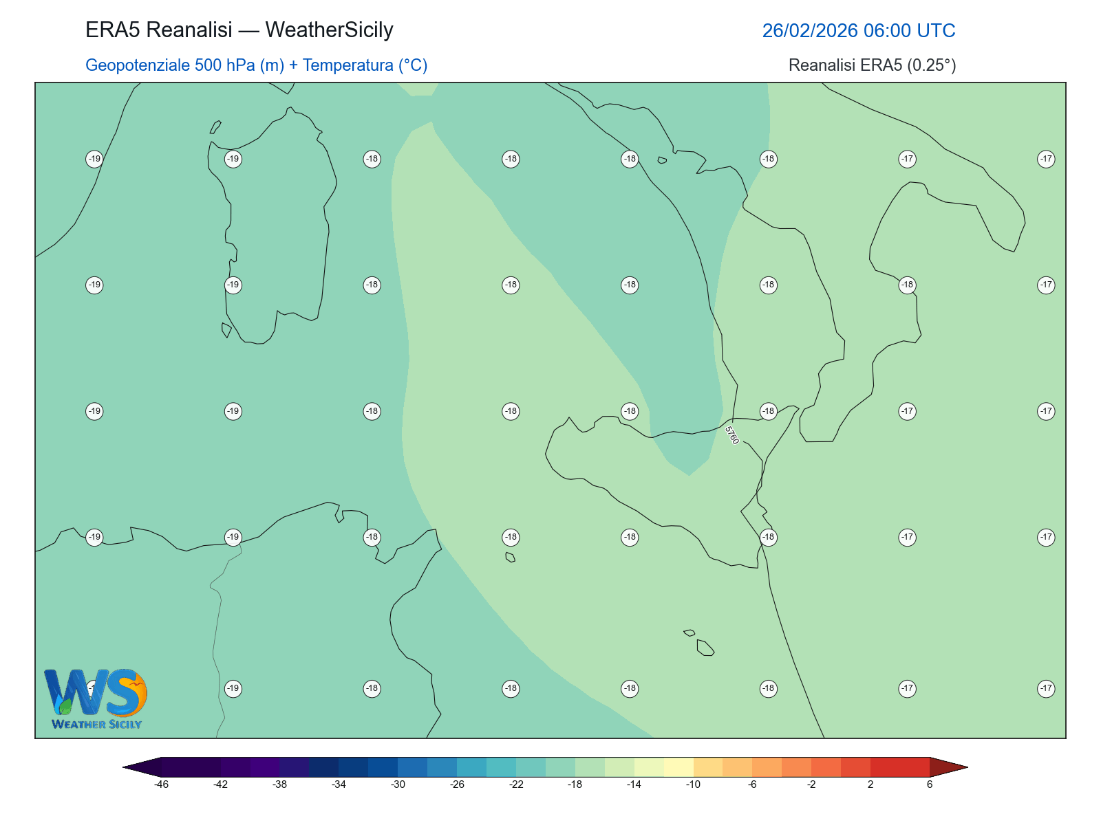 Geopotenziale 500 hPa + Temperatura · 2026022606