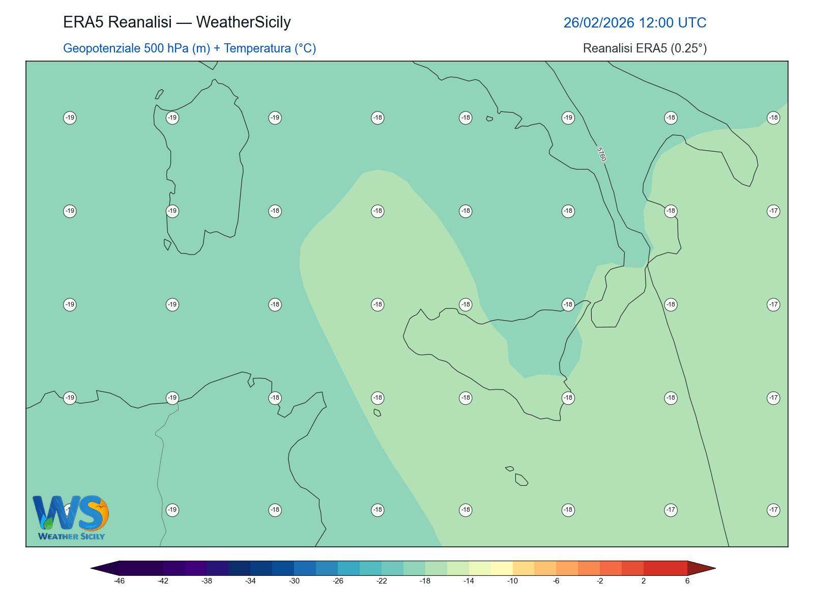 Geopotenziale 500 hPa + Temperatura · 2026022612