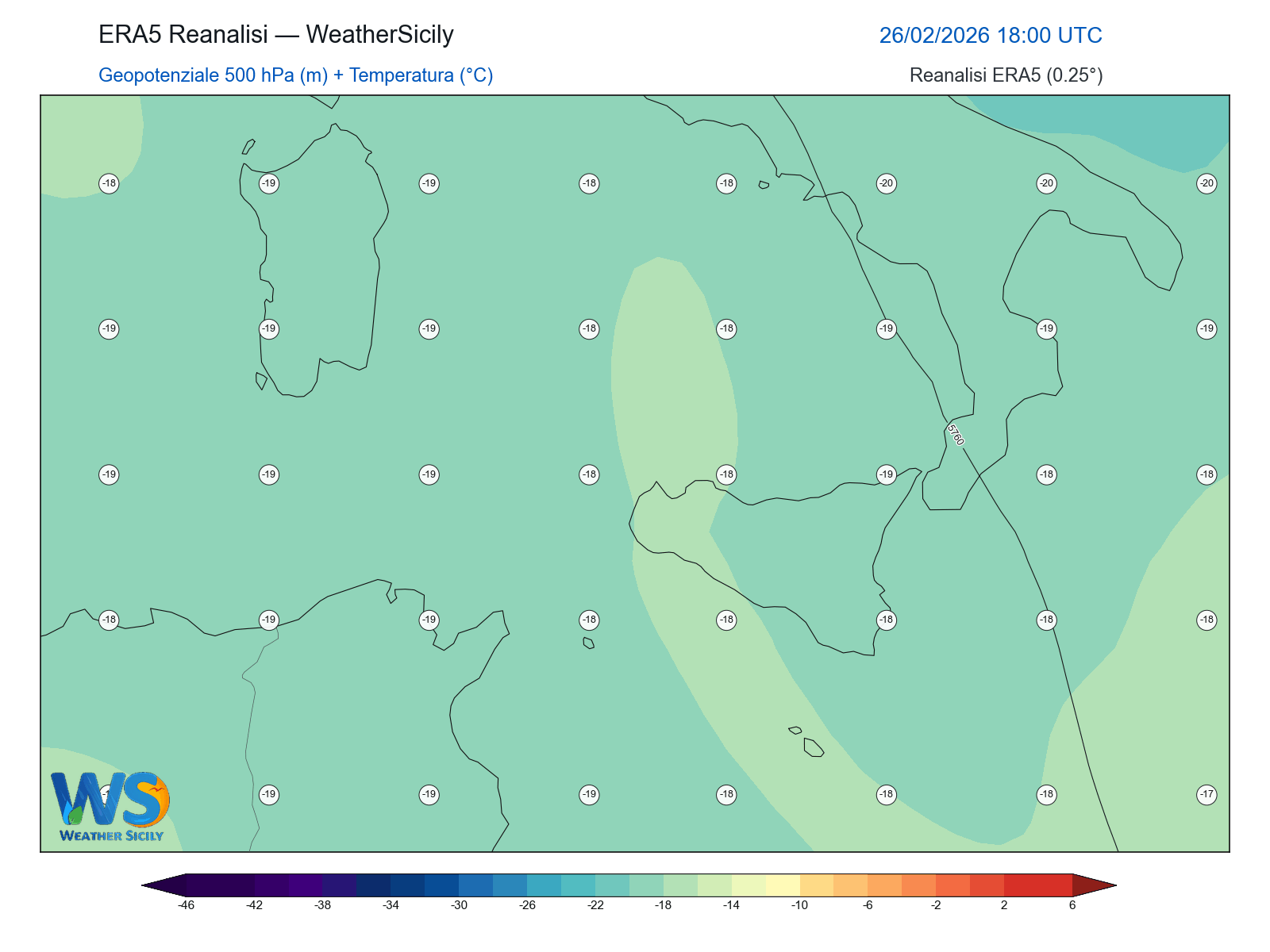 Geopotenziale 500 hPa + Temperatura · 2026022618
