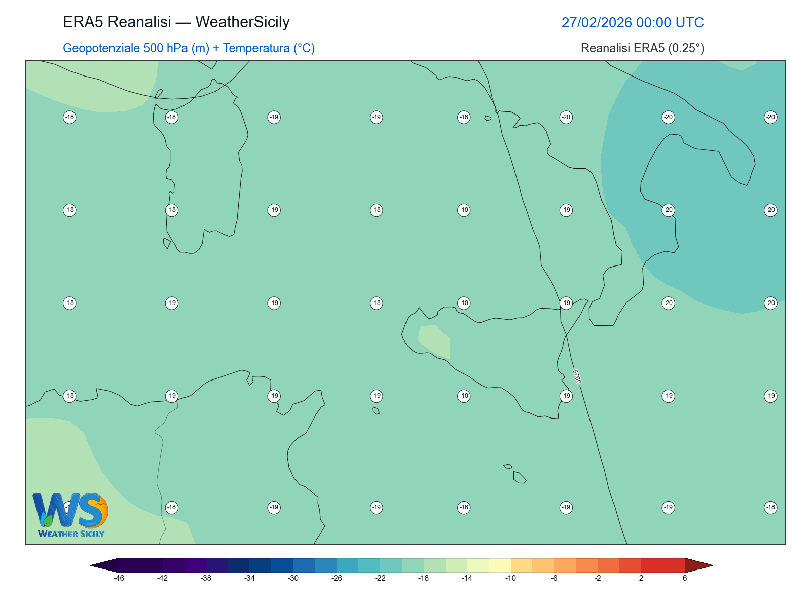 Geopotenziale 500 hPa + Temperatura · 2026022700