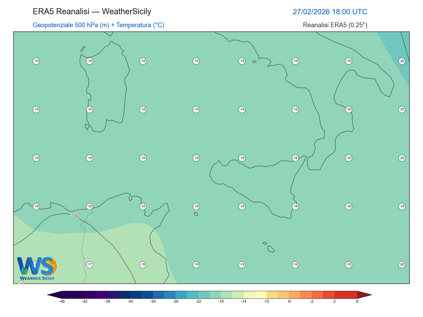 Geopotenziale 500 hPa + Temperatura · 2026022718