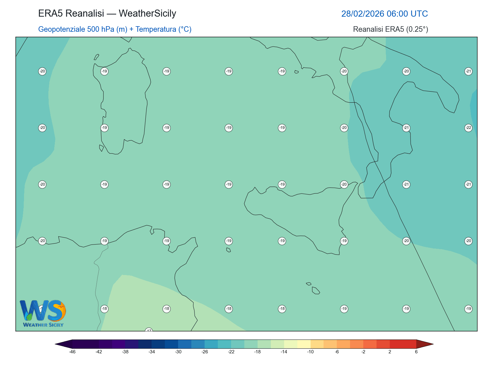 Geopotenziale 500 hPa + Temperatura · 2026022806