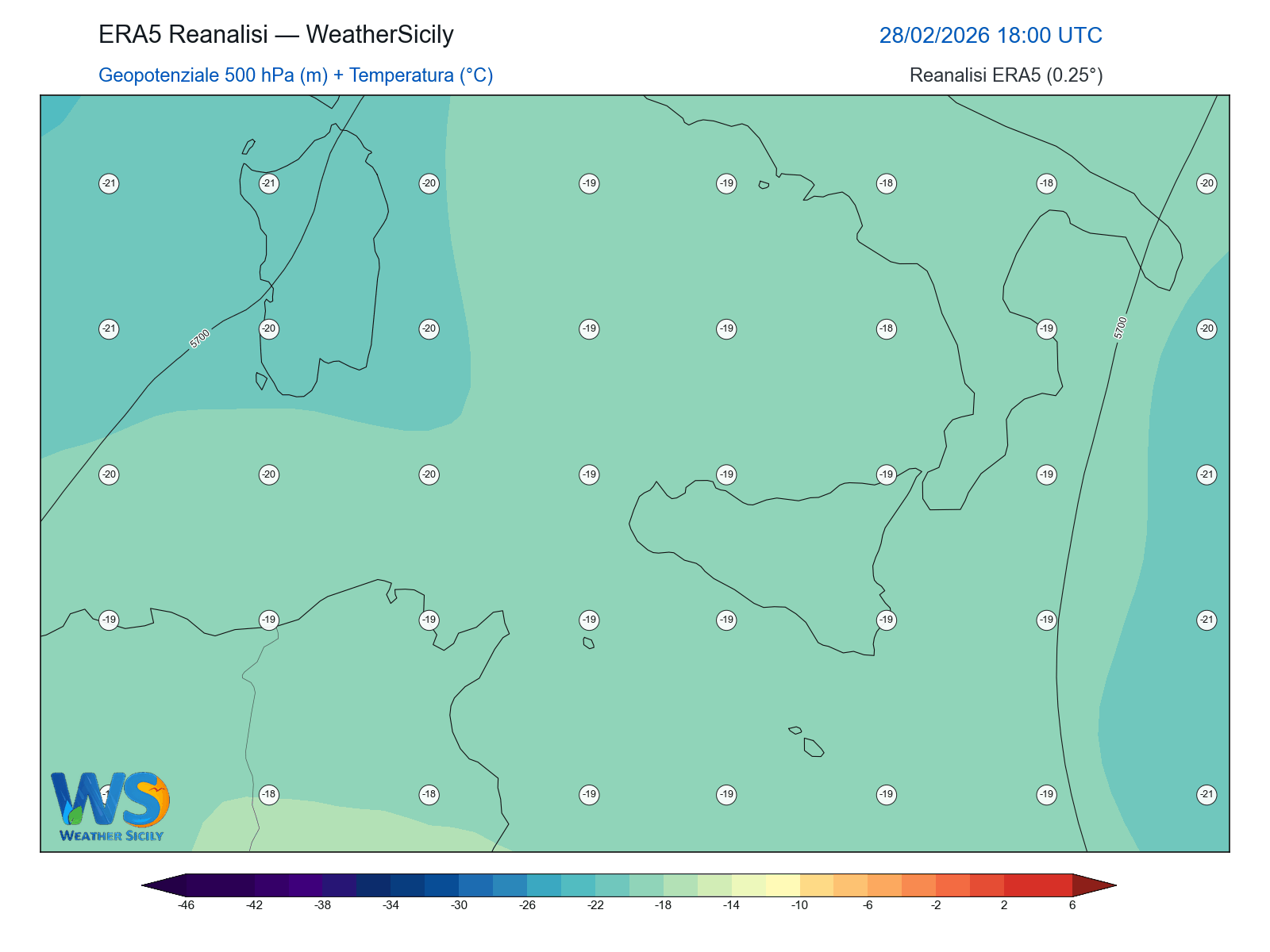 Geopotenziale 500 hPa + Temperatura · 2026022818