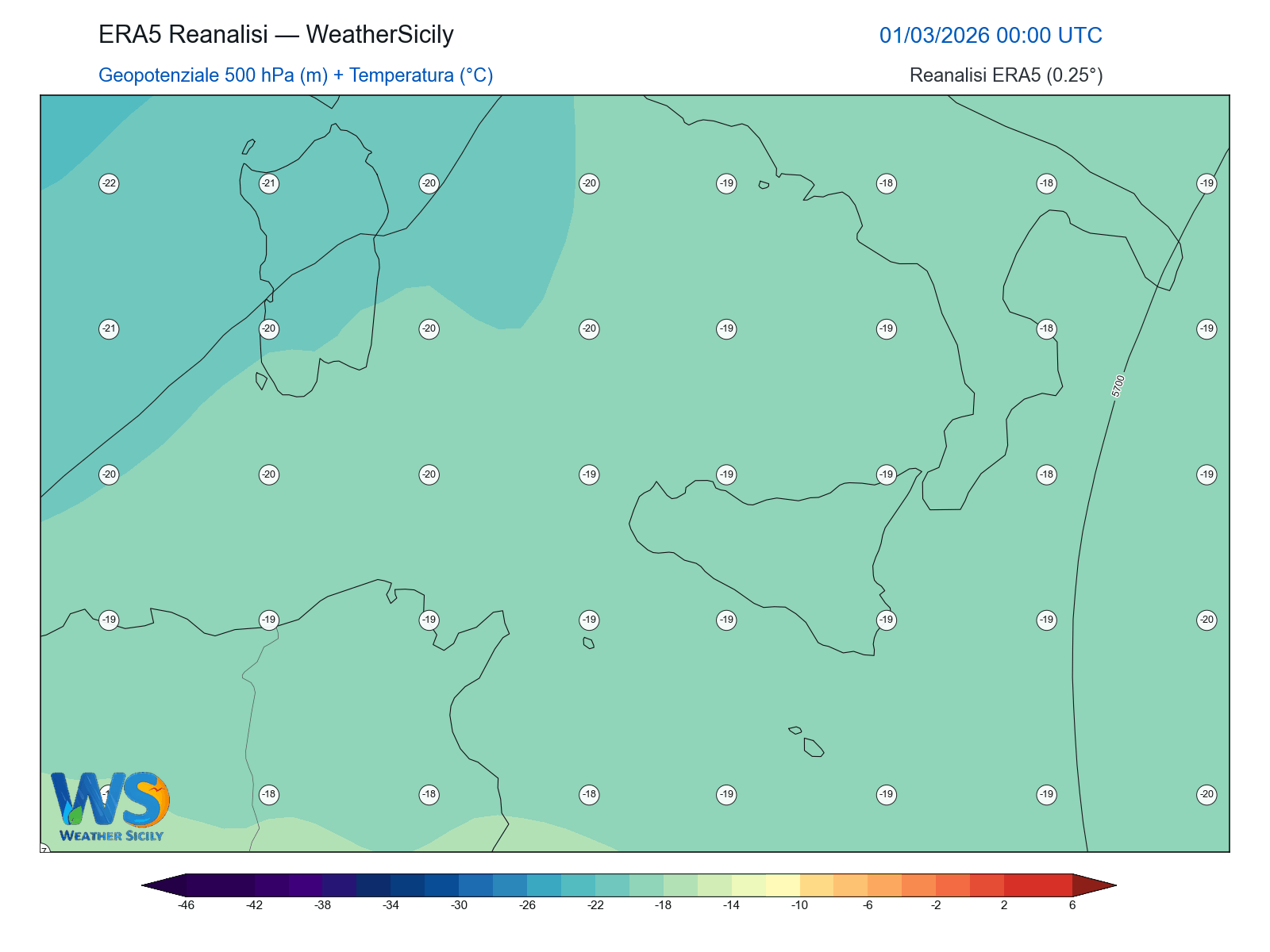 Geopotenziale 500 hPa + Temperatura · 2026030100
