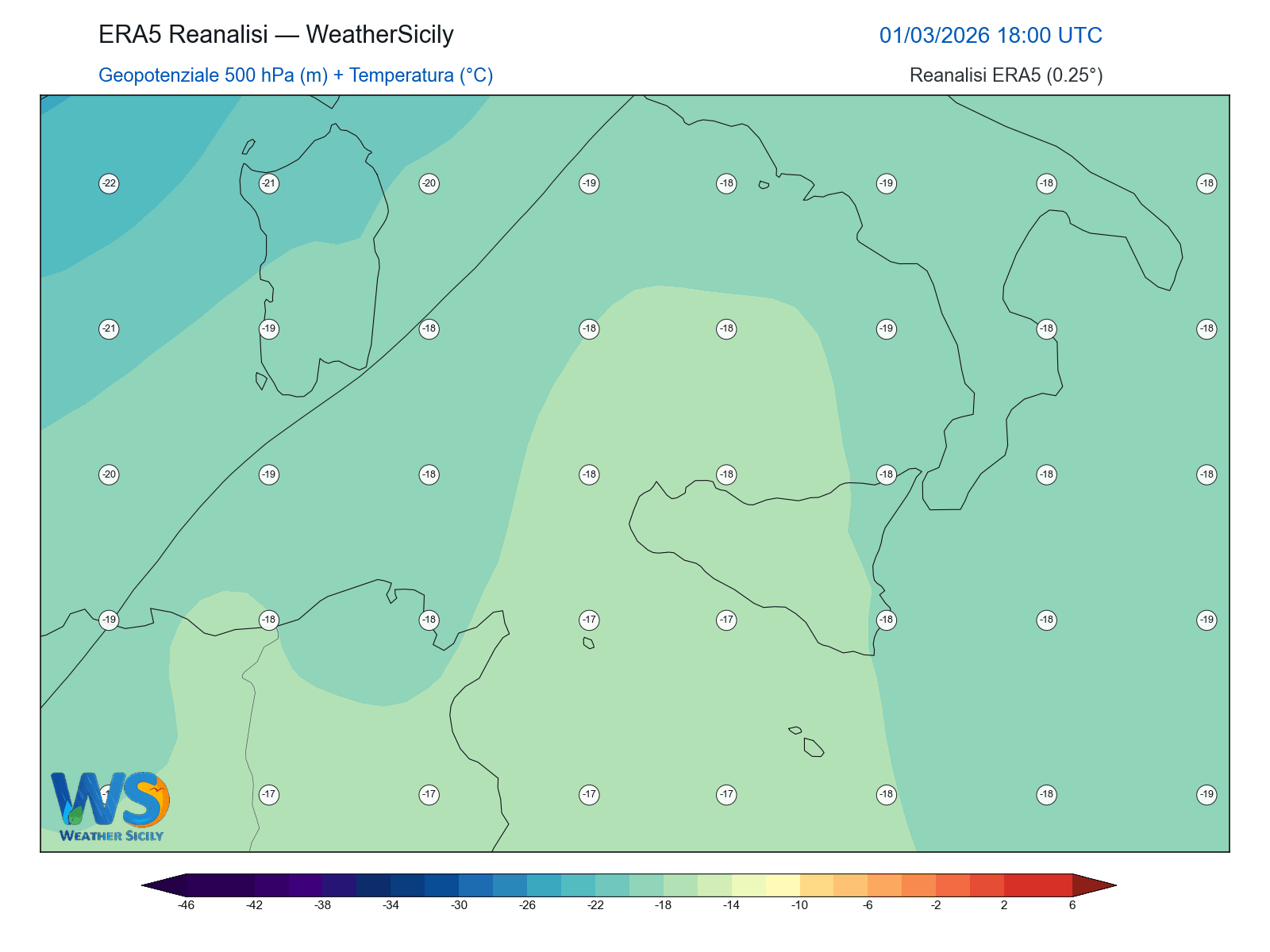 Geopotenziale 500 hPa + Temperatura · 2026030118