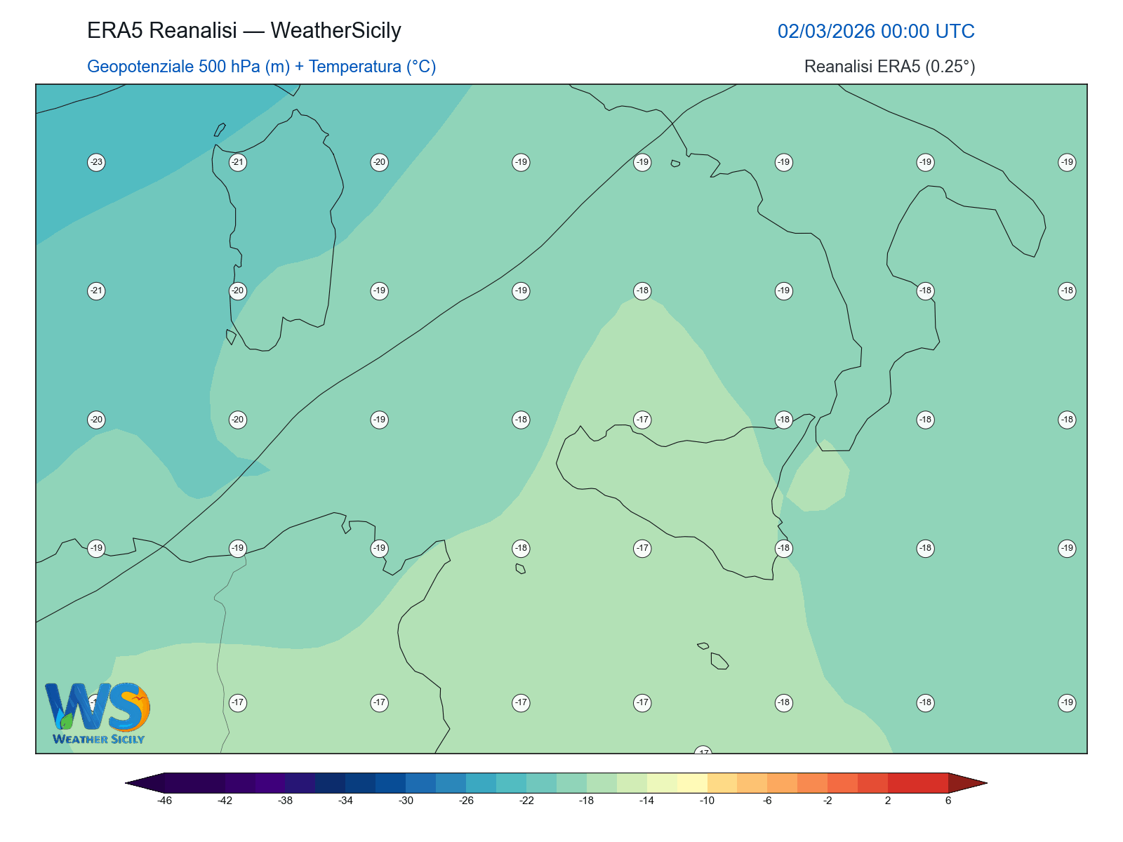 Geopotenziale 500 hPa + Temperatura · 2026030200