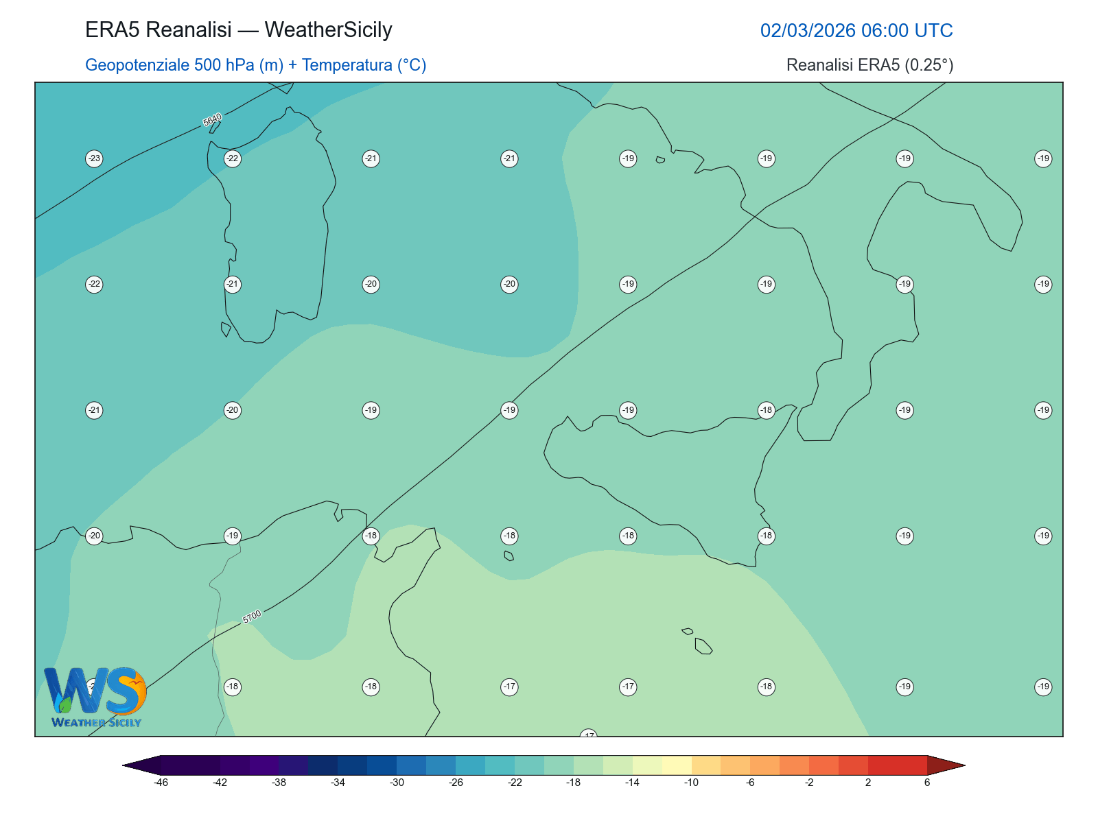 Geopotenziale 500 hPa + Temperatura · 2026030206