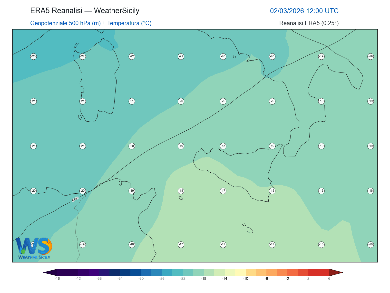 Geopotenziale 500 hPa + Temperatura · 2026030212