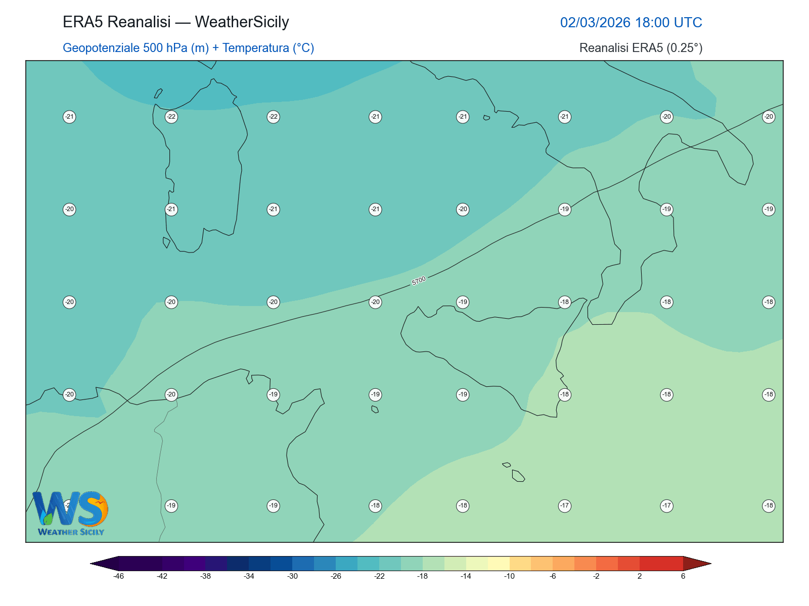 Geopotenziale 500 hPa + Temperatura · 2026030218