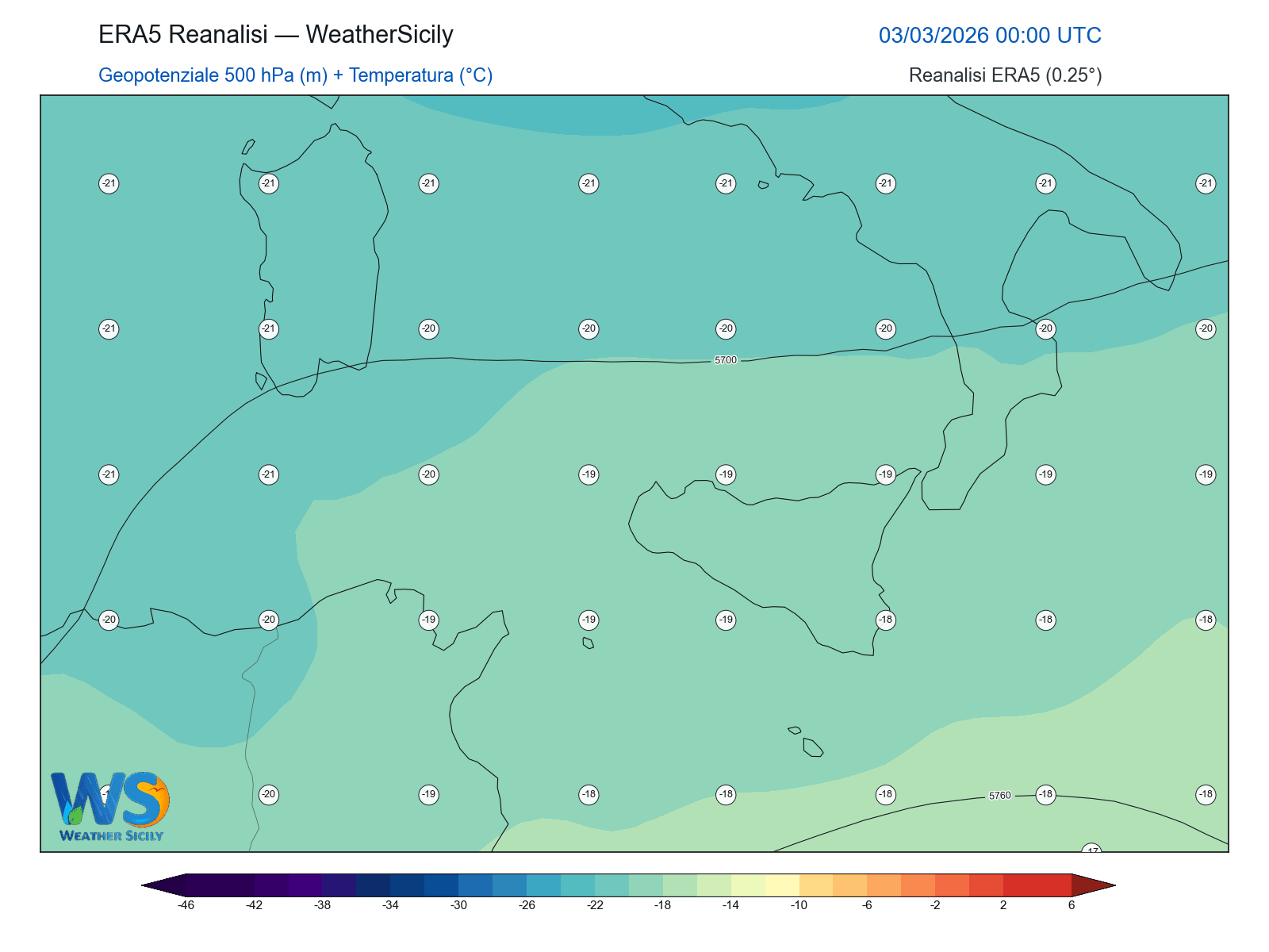 Geopotenziale 500 hPa + Temperatura · 2026030300