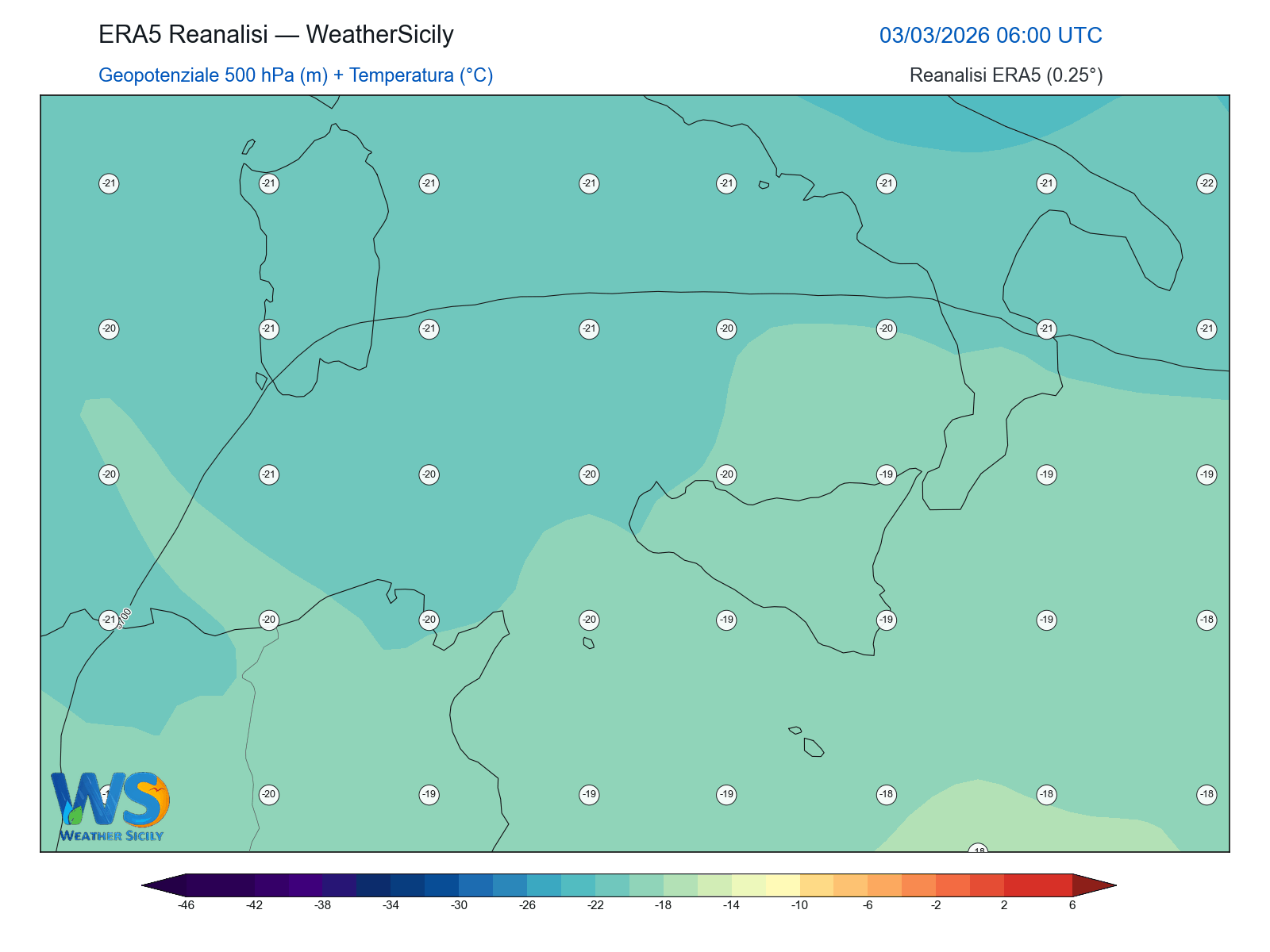 Geopotenziale 500 hPa + Temperatura · 2026030306