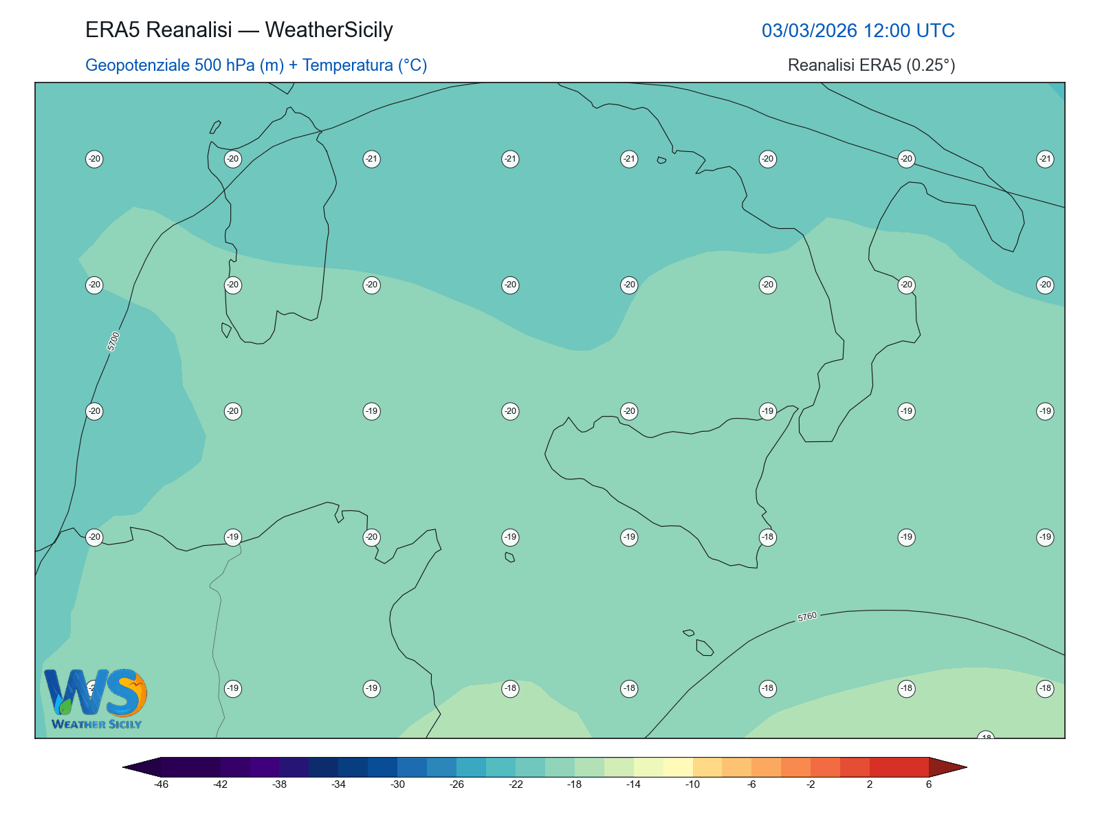 Geopotenziale 500 hPa + Temperatura · 2026030312