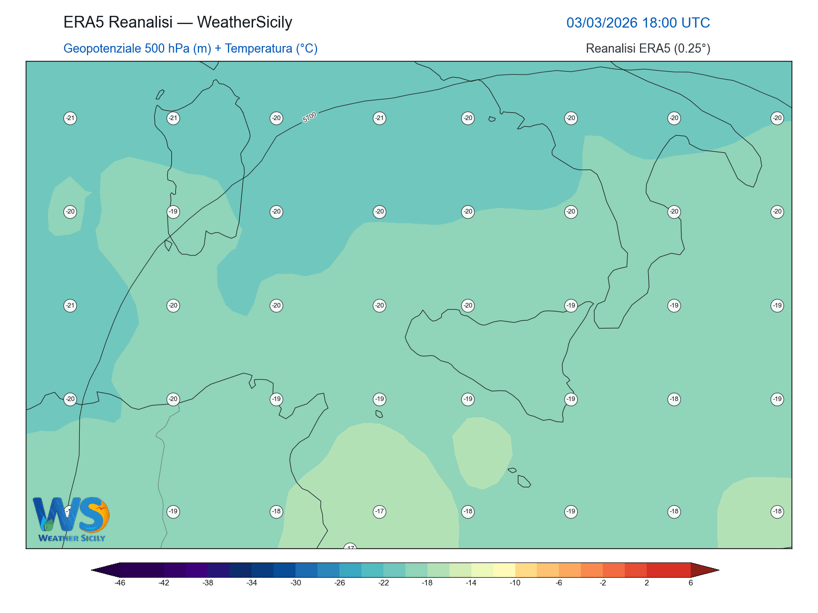 Geopotenziale 500 hPa + Temperatura · 2026030318