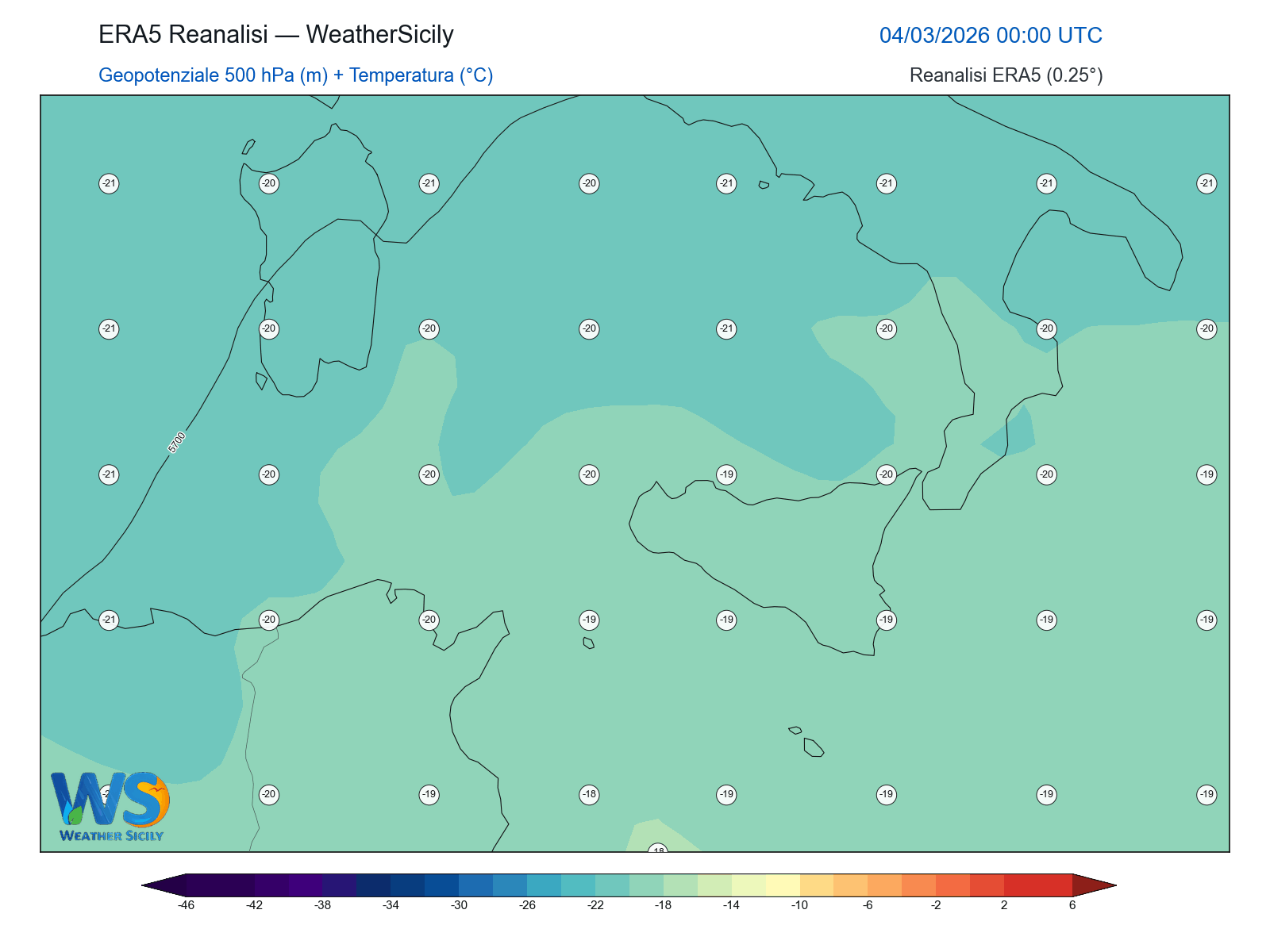 Geopotenziale 500 hPa + Temperatura · 2026030400