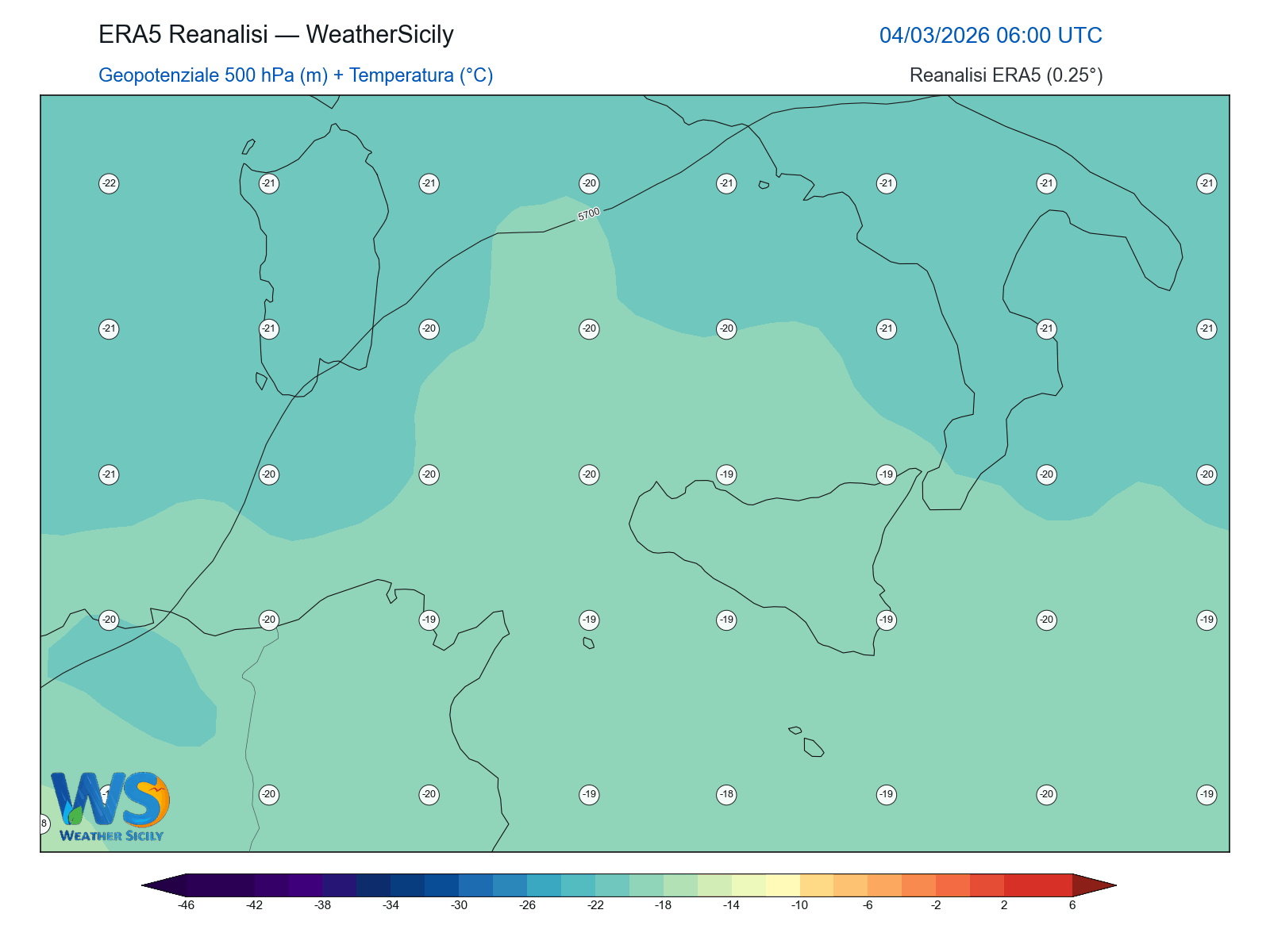Geopotenziale 500 hPa + Temperatura · 2026030406