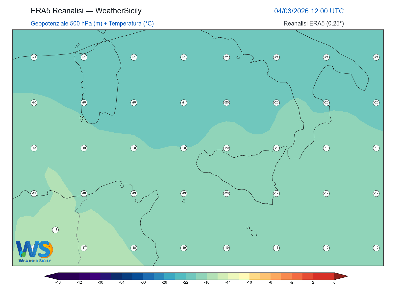 Geopotenziale 500 hPa + Temperatura · 2026030412