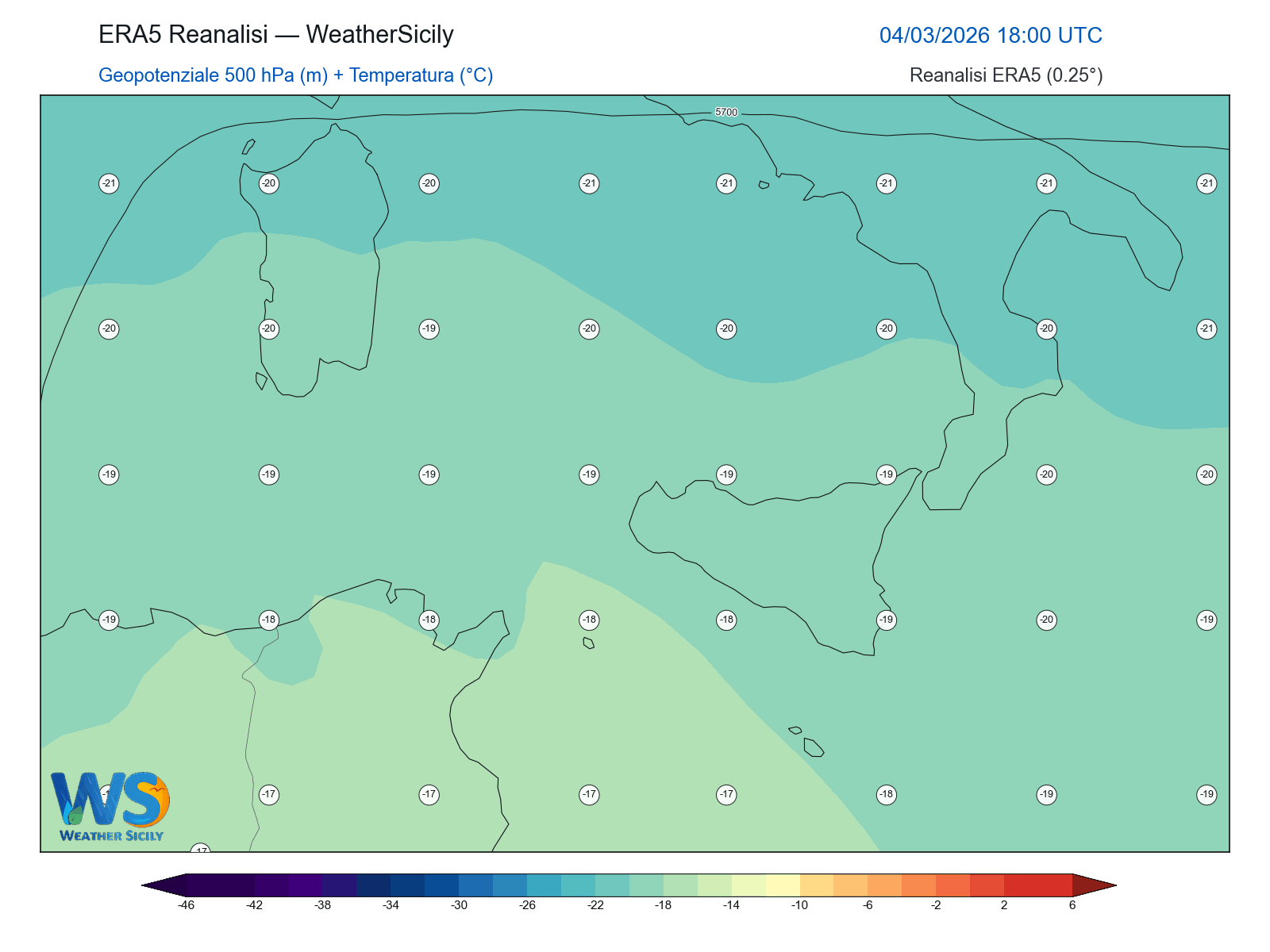 Geopotenziale 500 hPa + Temperatura · 2026030418