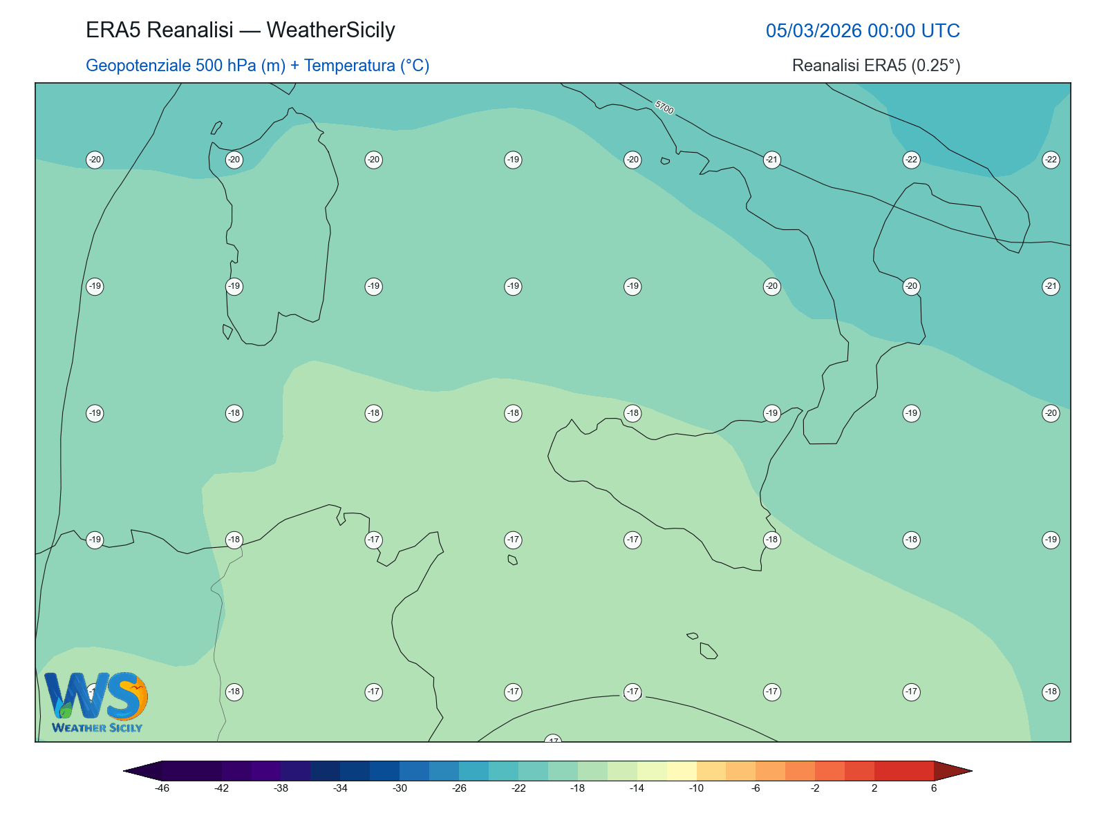 Geopotenziale 500 hPa + Temperatura · 2026030500
