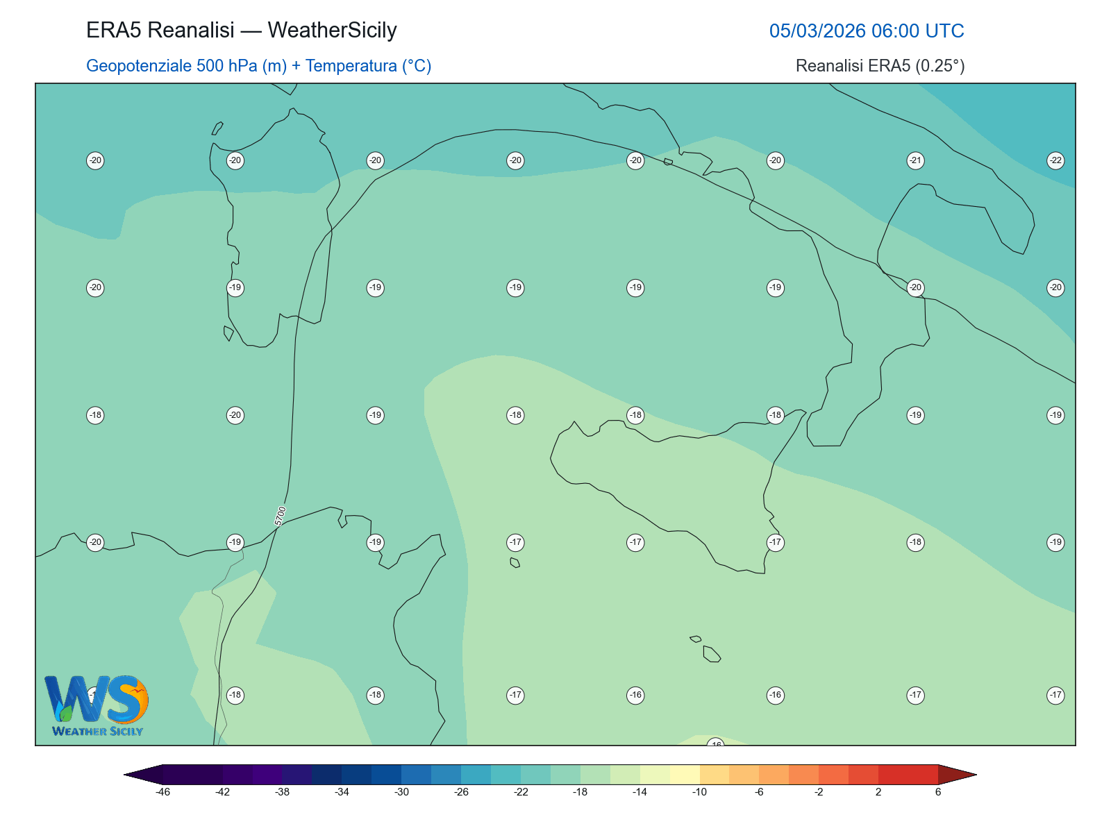 Geopotenziale 500 hPa + Temperatura · 2026030506